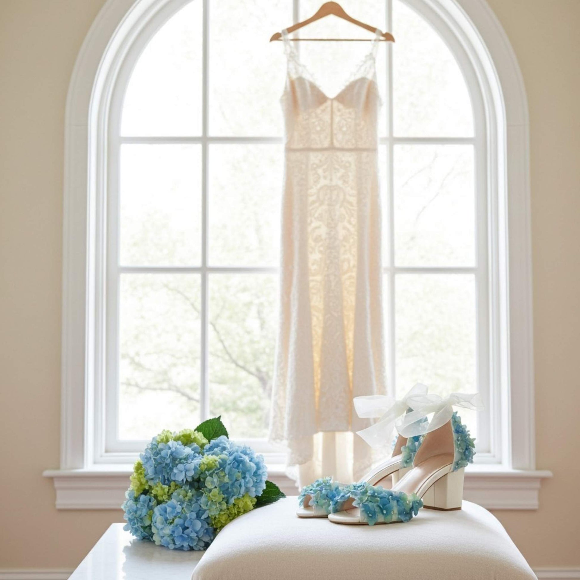 Pair of floral low block heel bridal shoes with gown hanging in window.