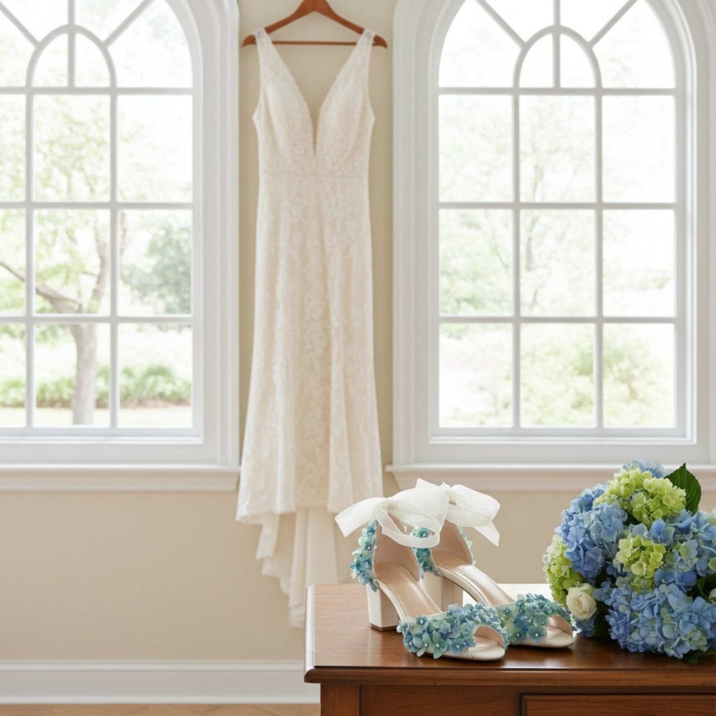 Arched windows with gown hung in the middle, shoes with flowers on them and a bouquet to the side.