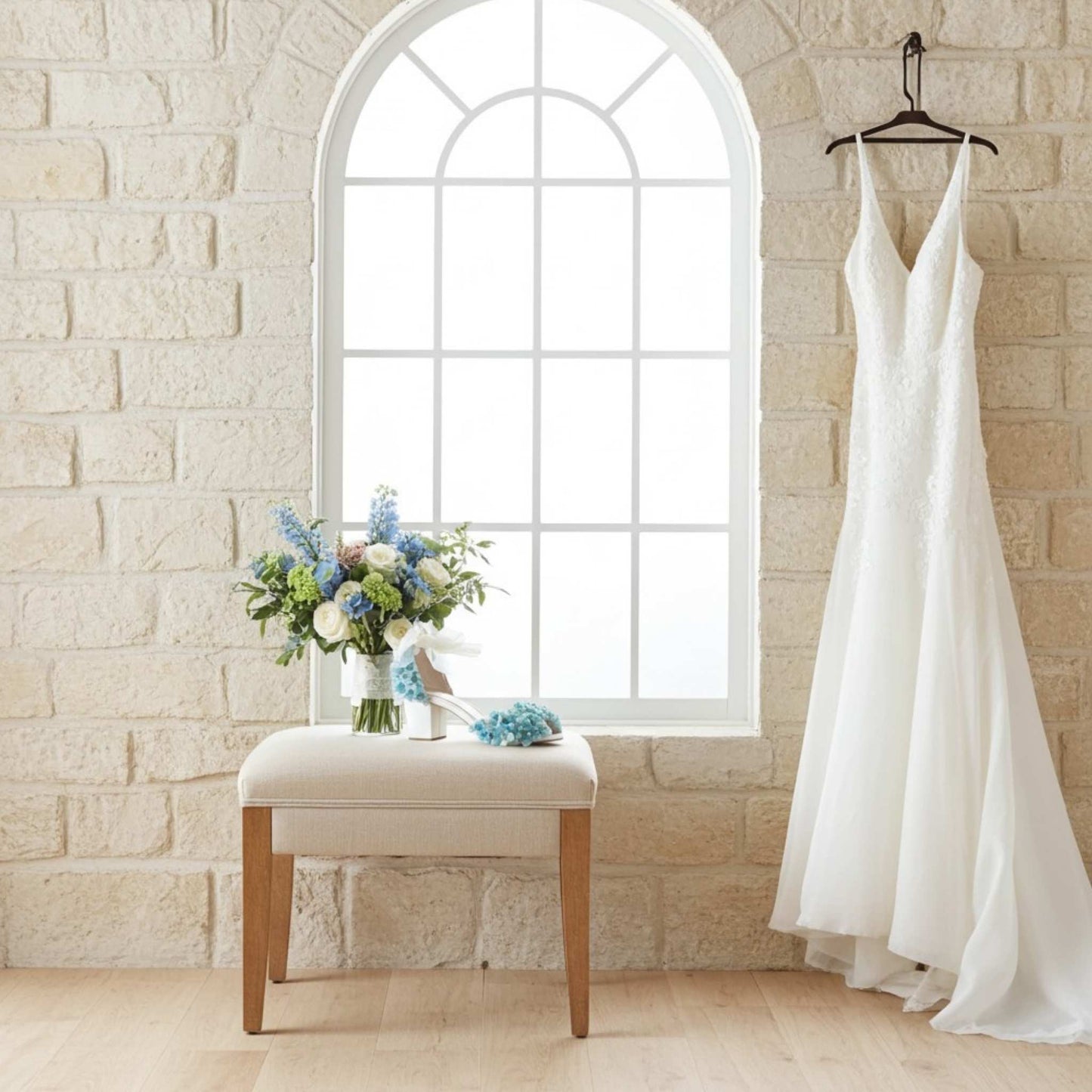 Single bridal shoe with pretty blue and green bouquet ad bridal gown hung up