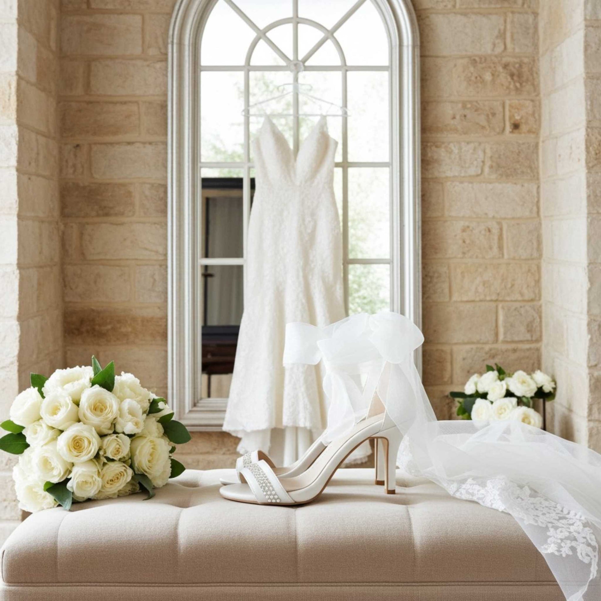 White wedding dress, high heel bridal shoes, and bouquet on a bench with a window in the background