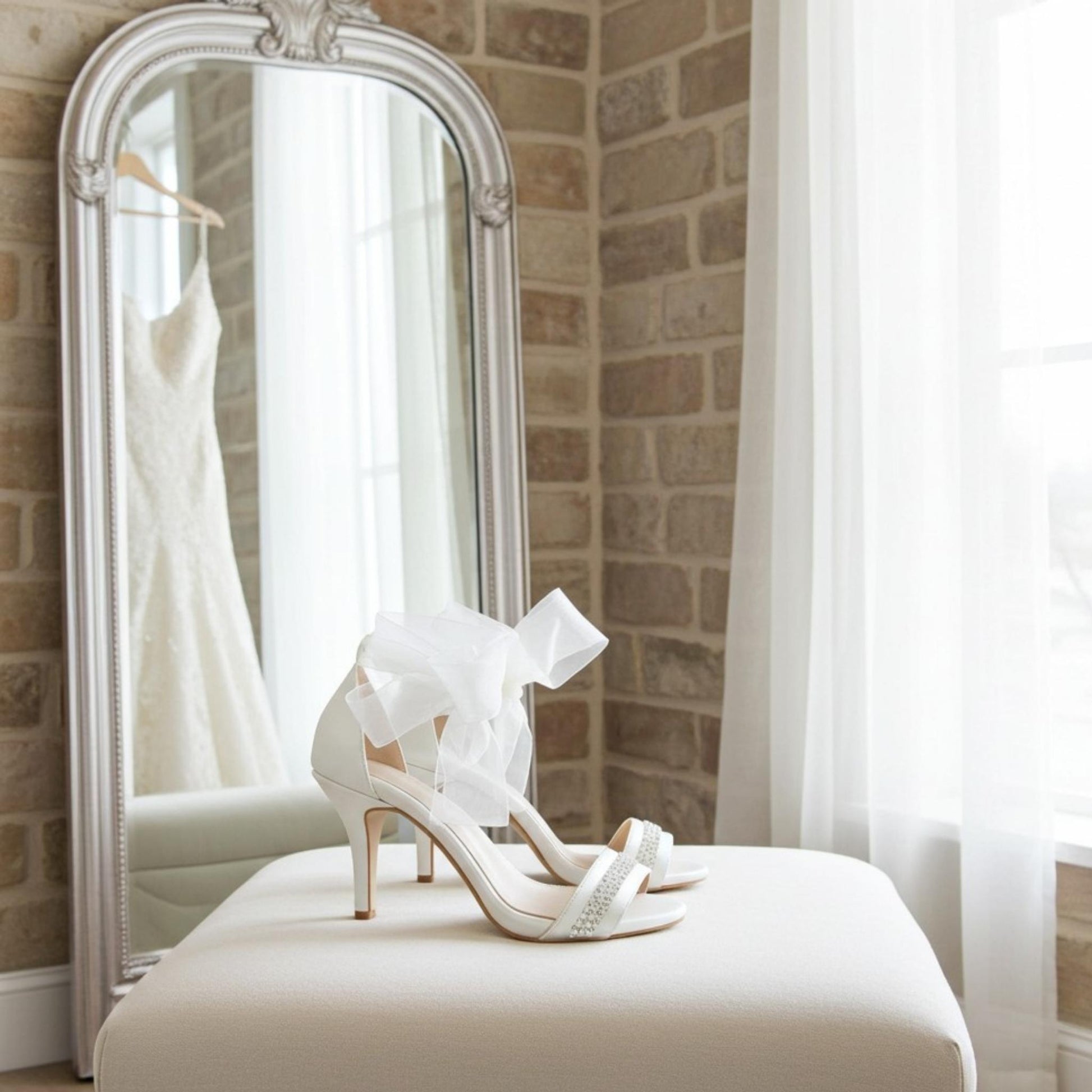 Ivory high-heeled shoes with a large bow on a white stool in front of a mirror reflecting a wedding dress.