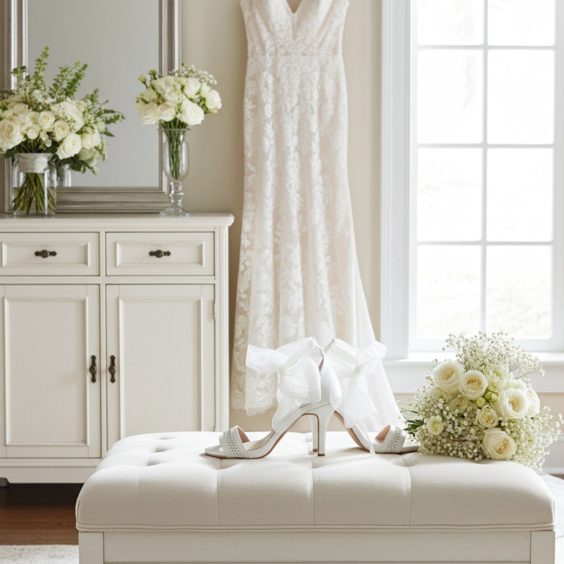 White wedding dress, pretty crystal bridal shoes, and bouquet on a bench with a dresser and window in the background