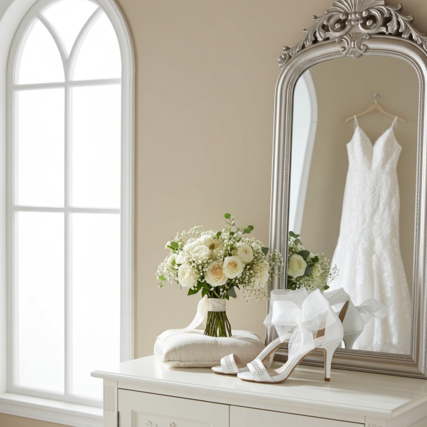 White wedding dress, wedding shoes, and flowers on a dresser with a large mirror reflecting the dress.