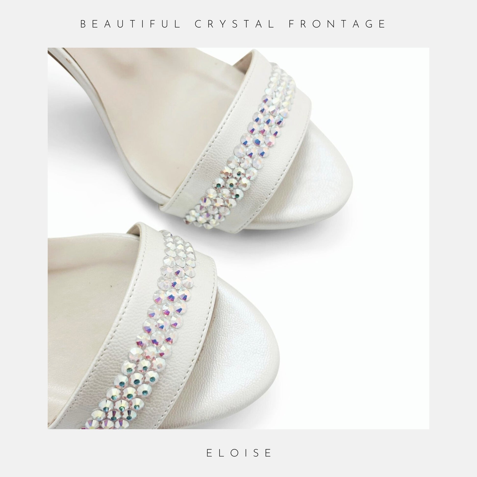 Pearl ivory leather shoes with rhinestone embellishments on a white background