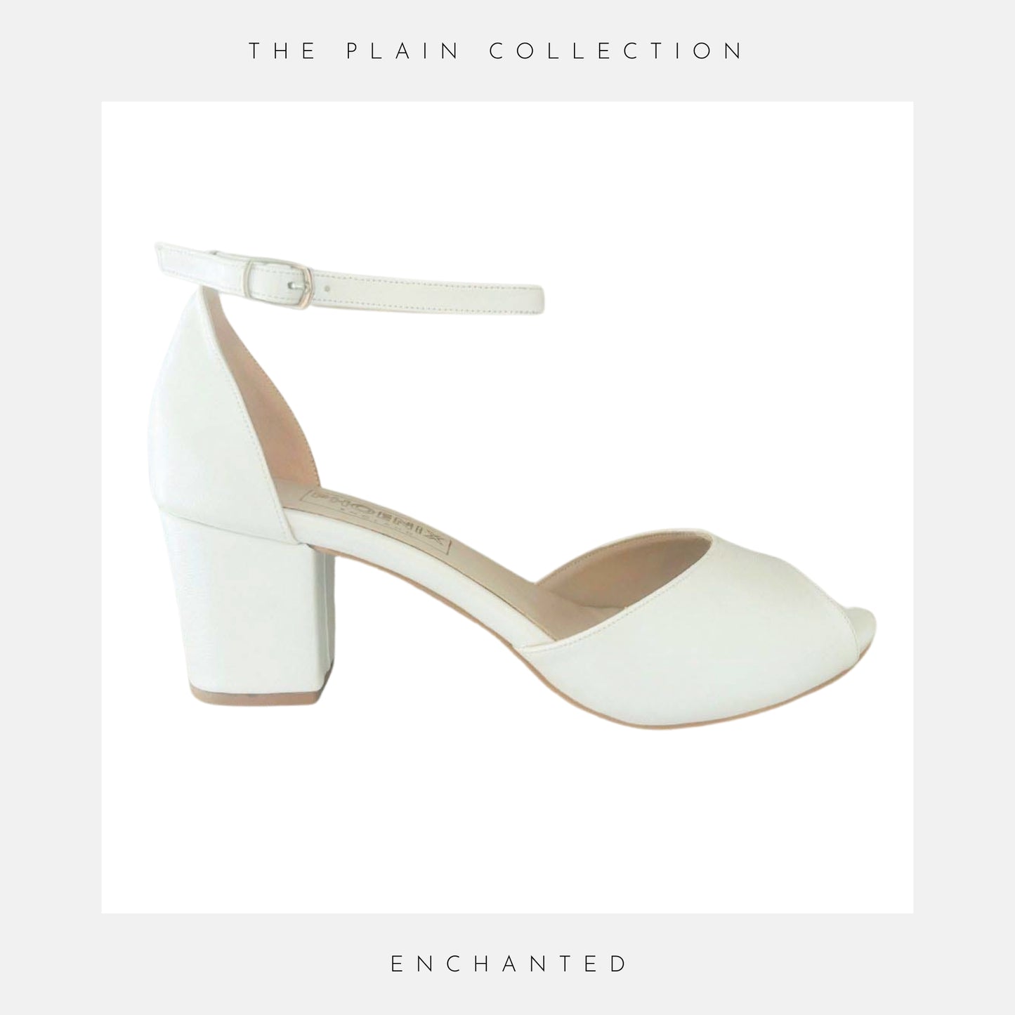 Ivory high-heeled shoe with 'The Plain Collection' branding on a light grey background.