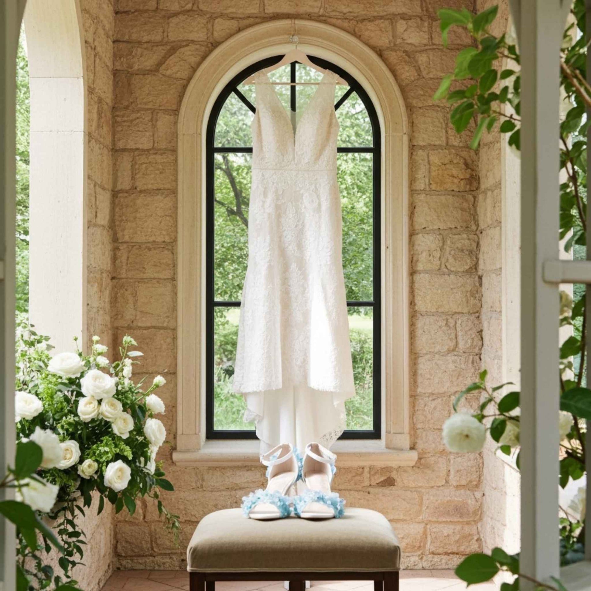 Wedding dress hanging in a room with stone walls and large windows, surrounded by flowers. Pair of bridal shoes with floral elements are on a stool.