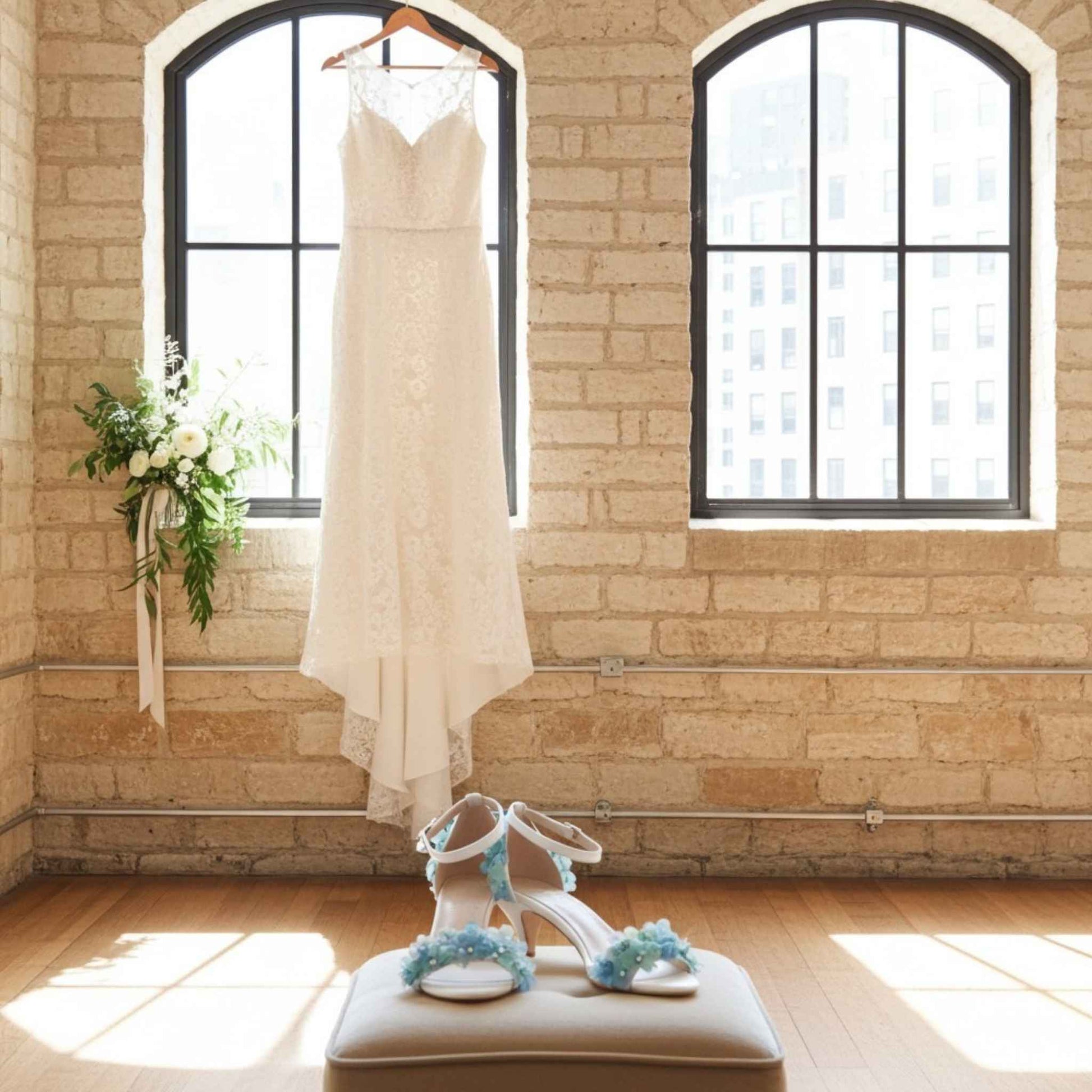Bridal gown hanging with floral decorations and floral bridal shoes in a room with brick walls and large windows.