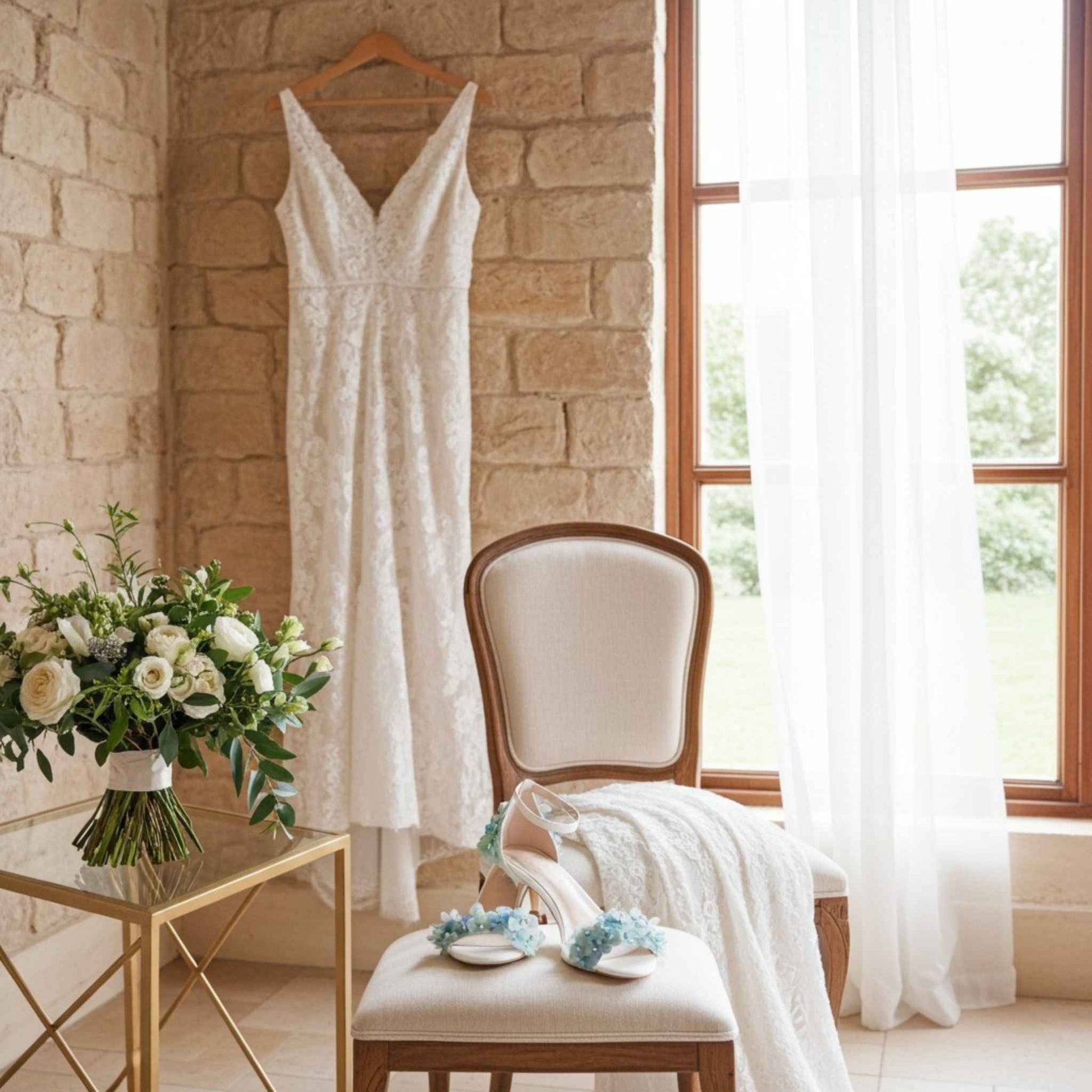 White wedding dress hanging on a stone wall with a chair and flowers in the foreground. Kitten heel shoes are placed on a pretty stool.
