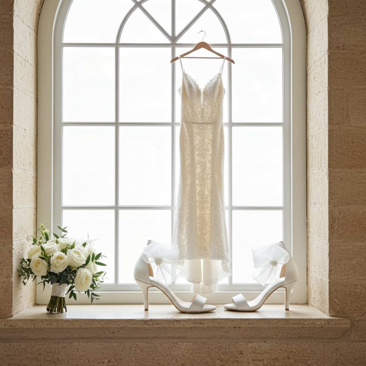 Open toe high heel bridals shoes side by side with a gown in the window with a white rose bouquet on the window ledge.