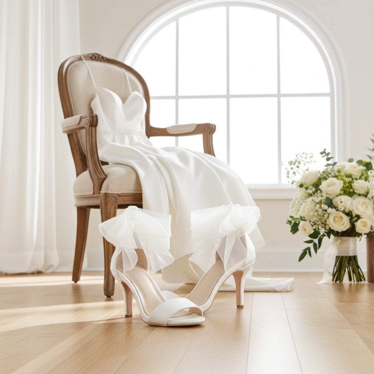 White wedding dress and ivory bridal shoes in front of a chair with a large floral bouquet.
