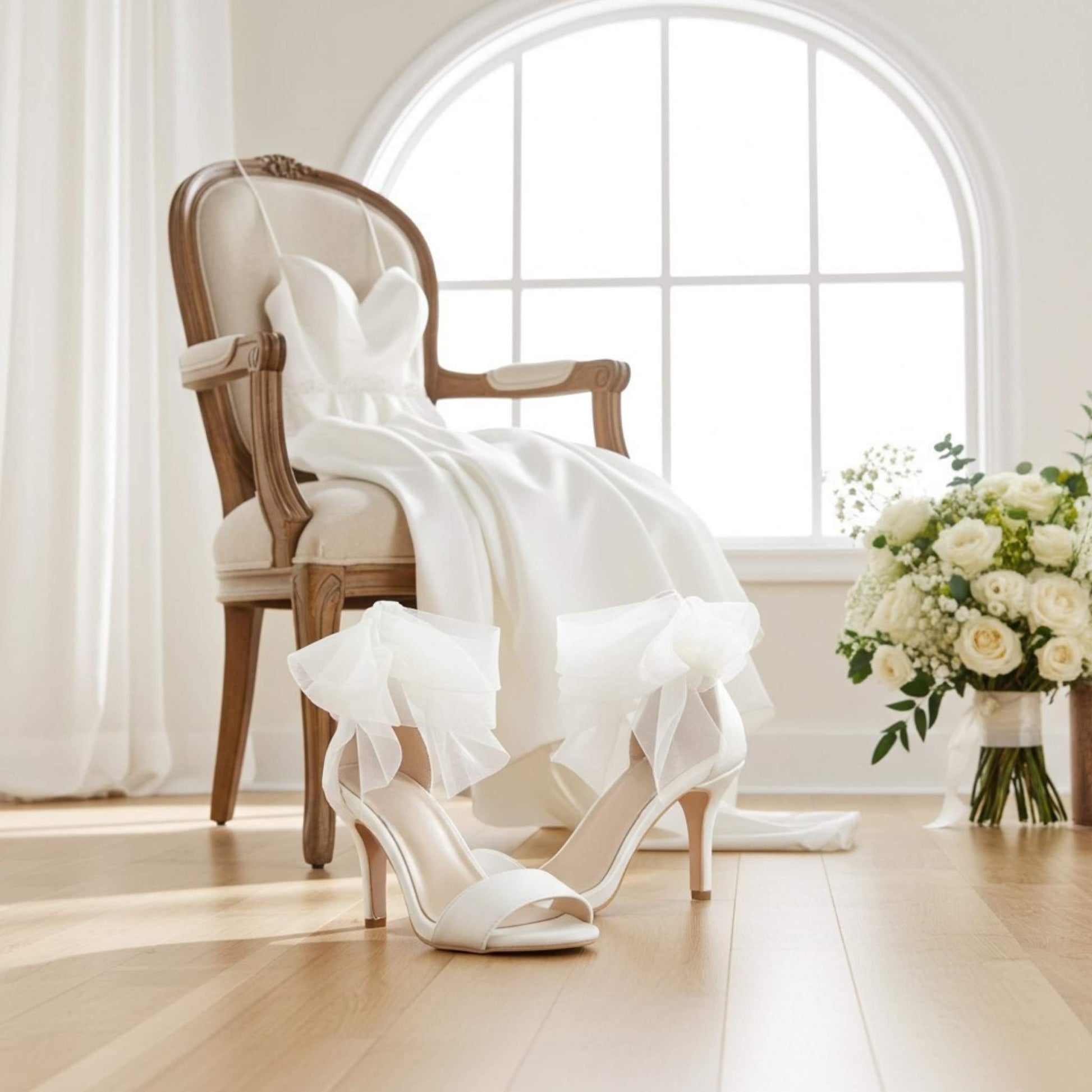 White wedding dress and ivory bridal shoes in front of a chair with a large floral bouquet.