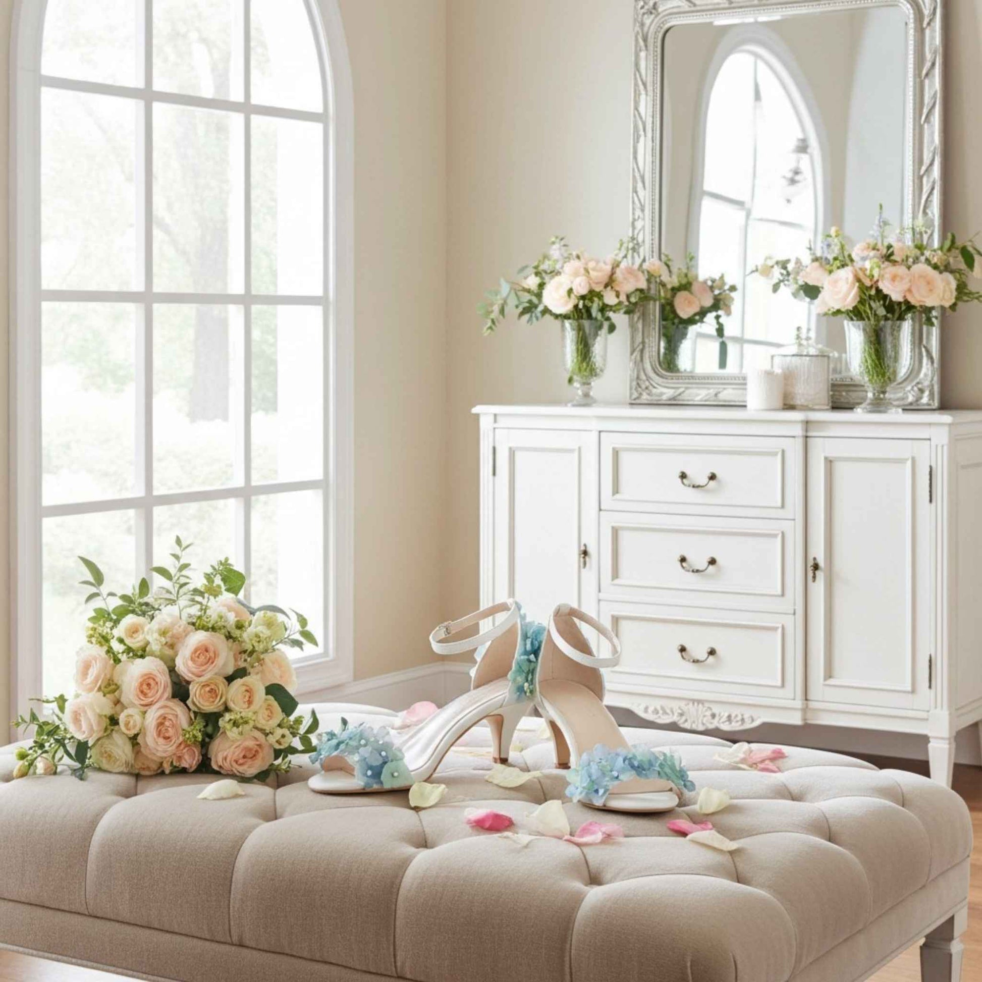 Ivory kitten heels with blue floral designs on a beige ottoman with flowers and a dresser in the background.