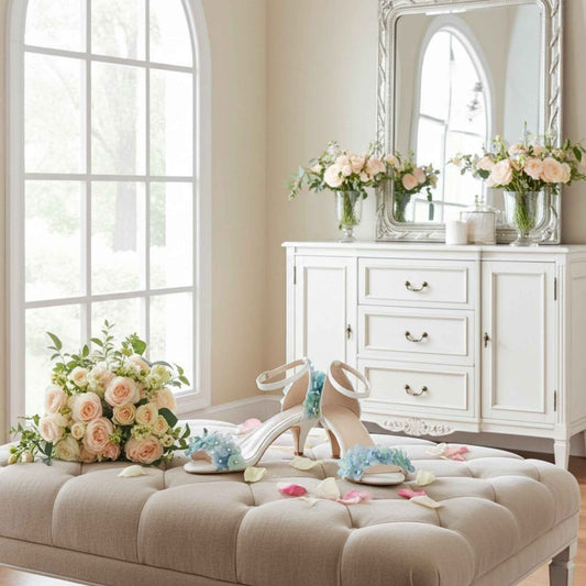 Ivory kitten heels with blue floral designs on a beige ottoman with flowers and a dresser in the background.