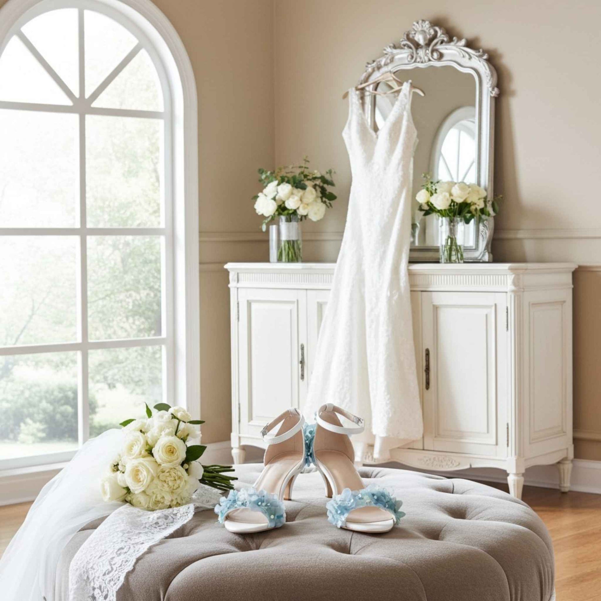 Wedding dress hanging on a mirror with shoes and flowers on a bed in a bedroom.