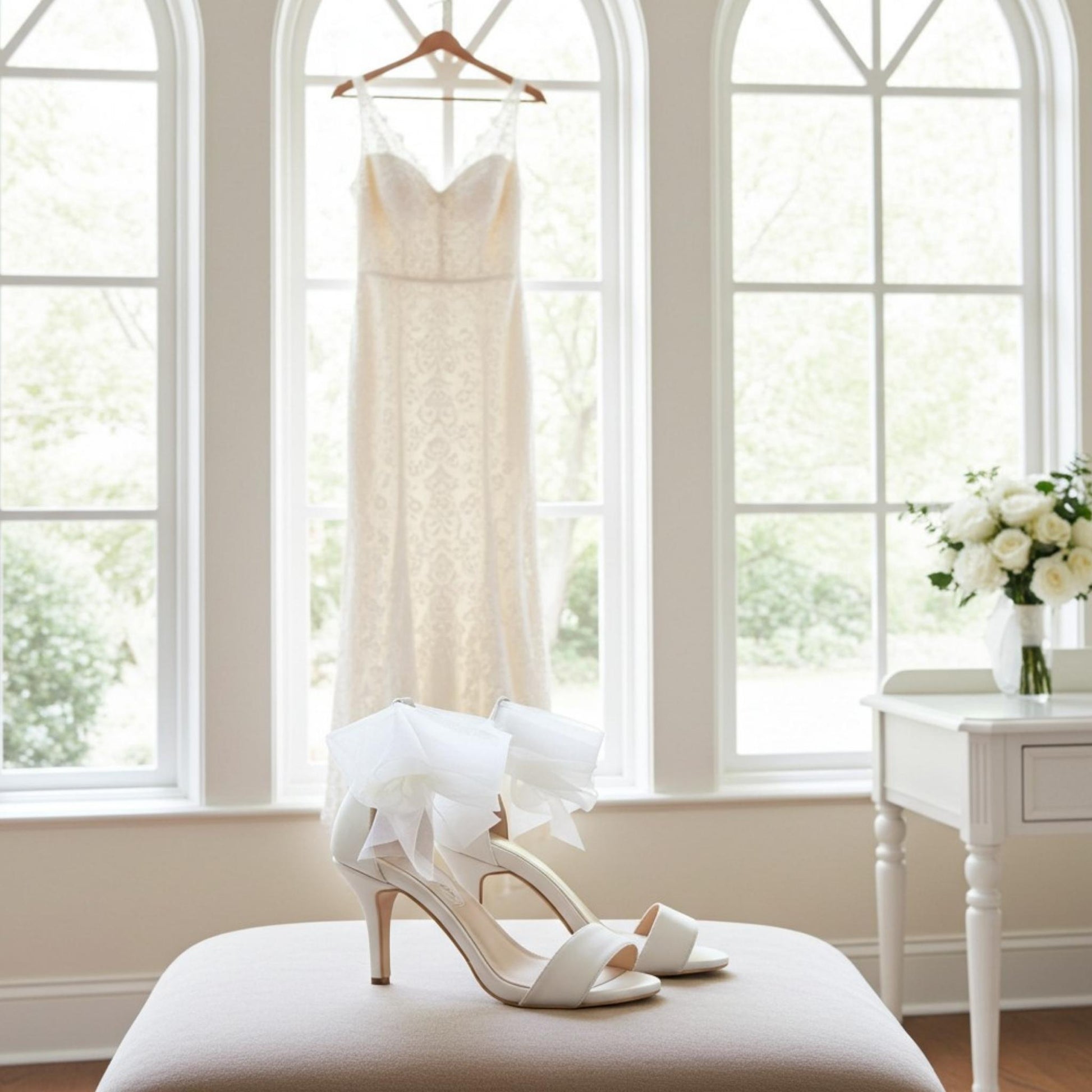 Ivory wedding dress hanging in a bright room with Esme bridal shoes on a stool.