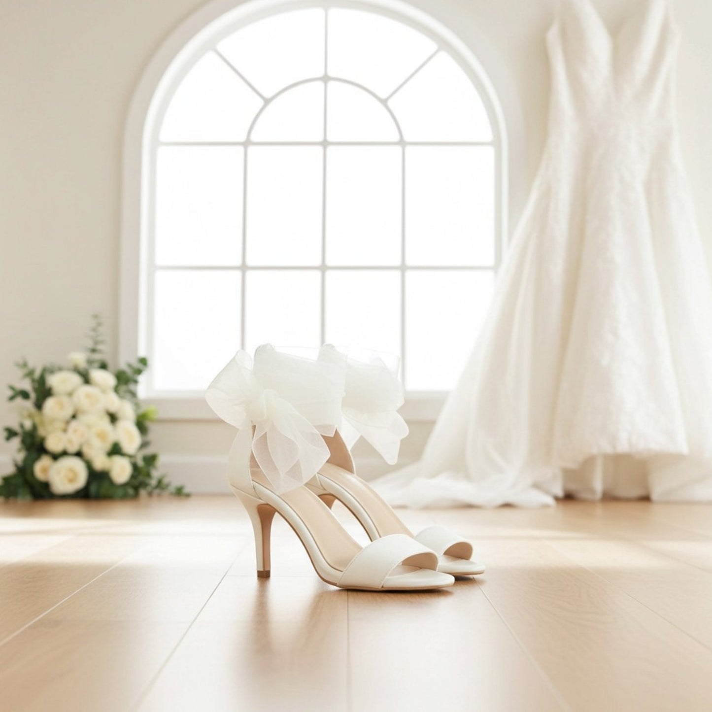 Ivory high-heeled shoes with ruffles on a wooden floor in a bright room with a large window and bridal gown.