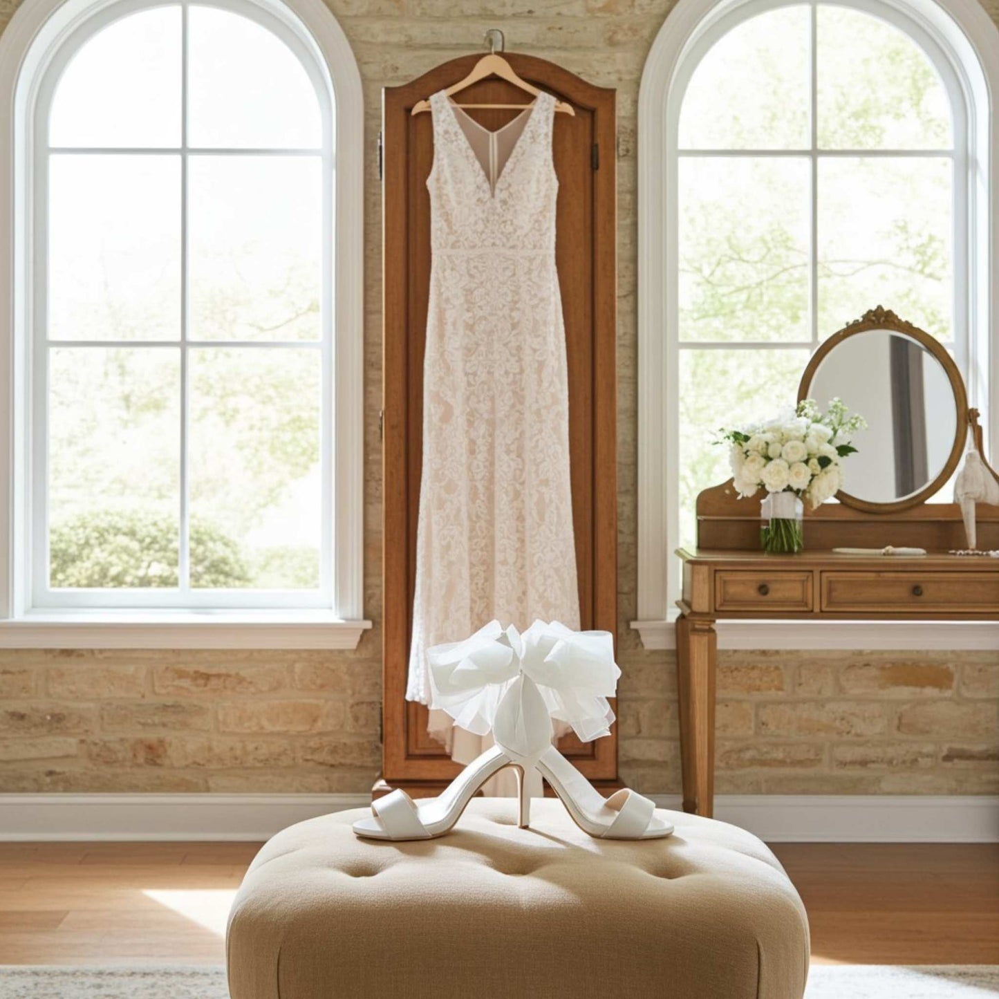 White wedding dress hanging in a room with a mirror and organza bridal shoes on an ottoman.