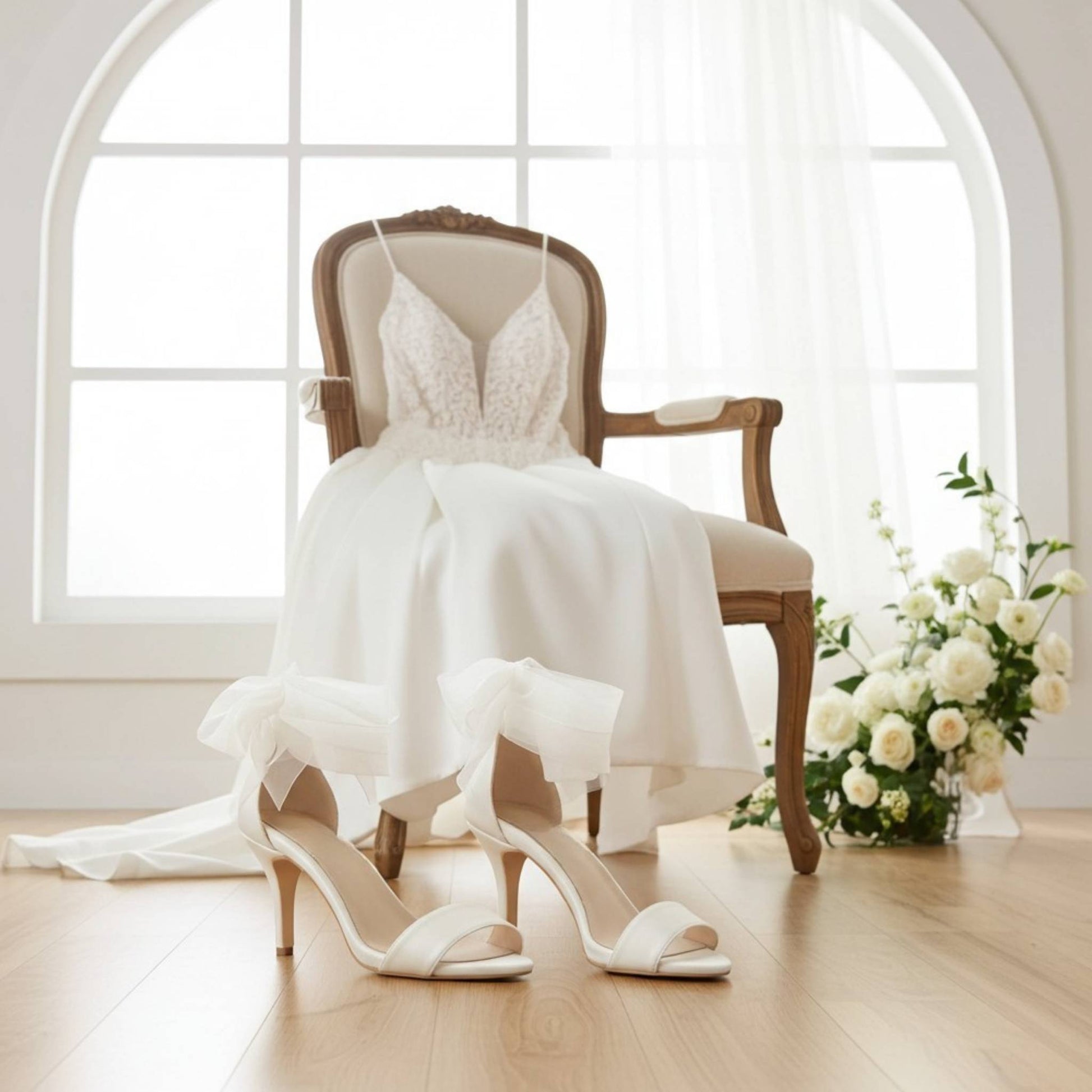 Ivory wedding dress and open toe bridal shoes in front of a wooden chair with flowers in the background