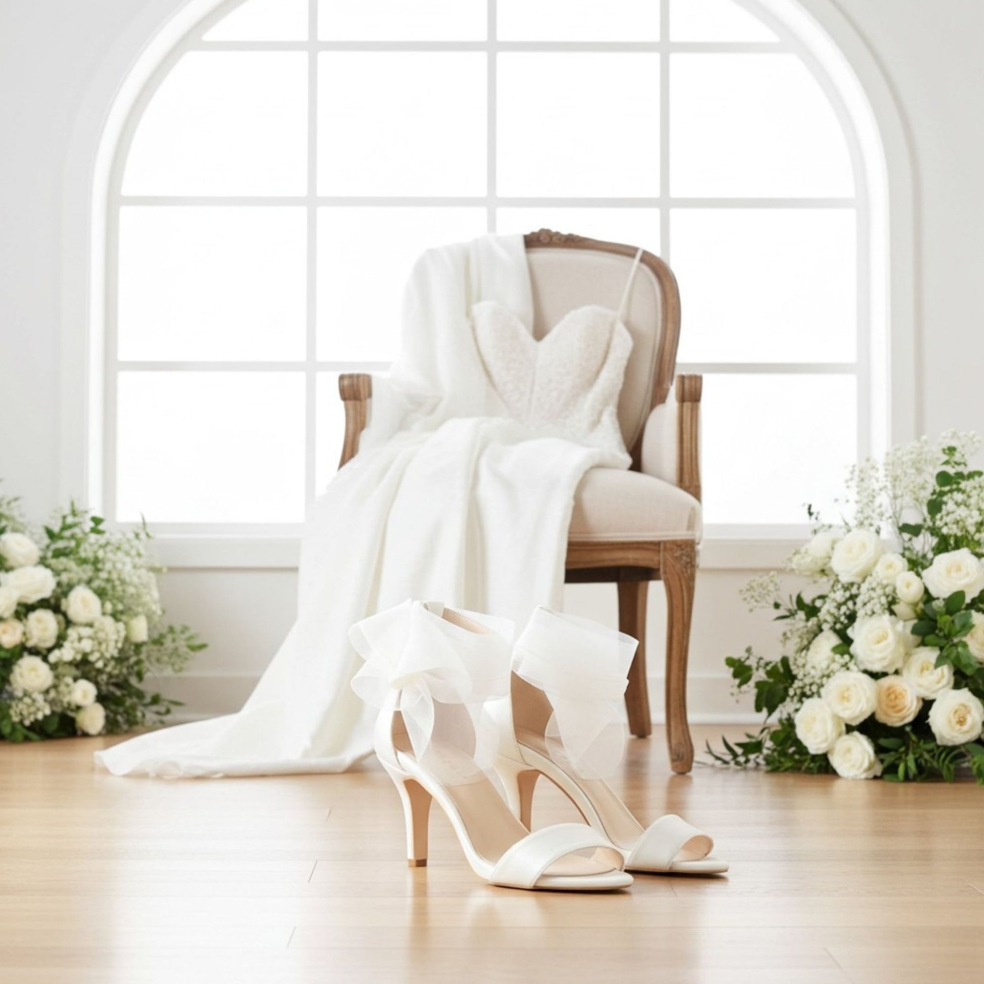 Open toe bridal shoes with plain front, with a bridal gown on a chair and floral displays either side.