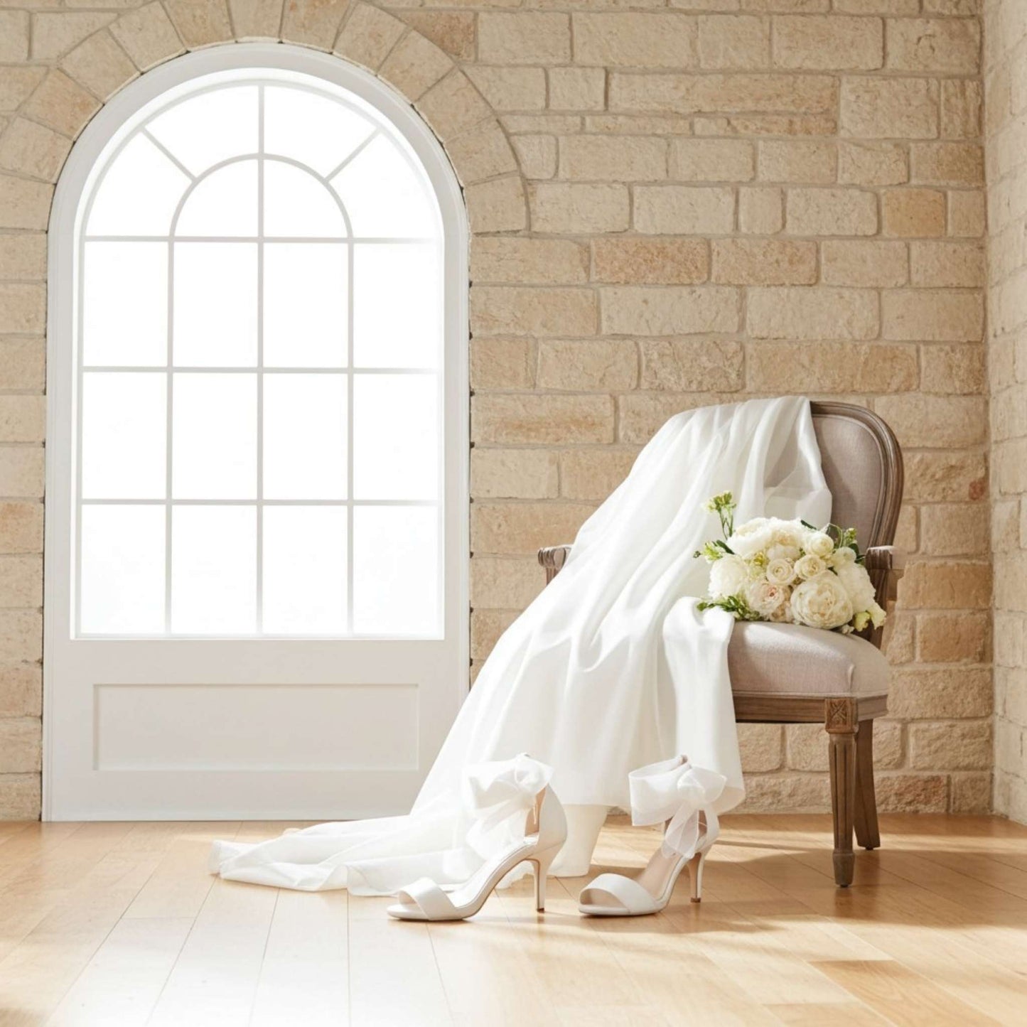 White wedding veil on a chair with Esme bridal shoes and flowers in front of a stone wall and window.
