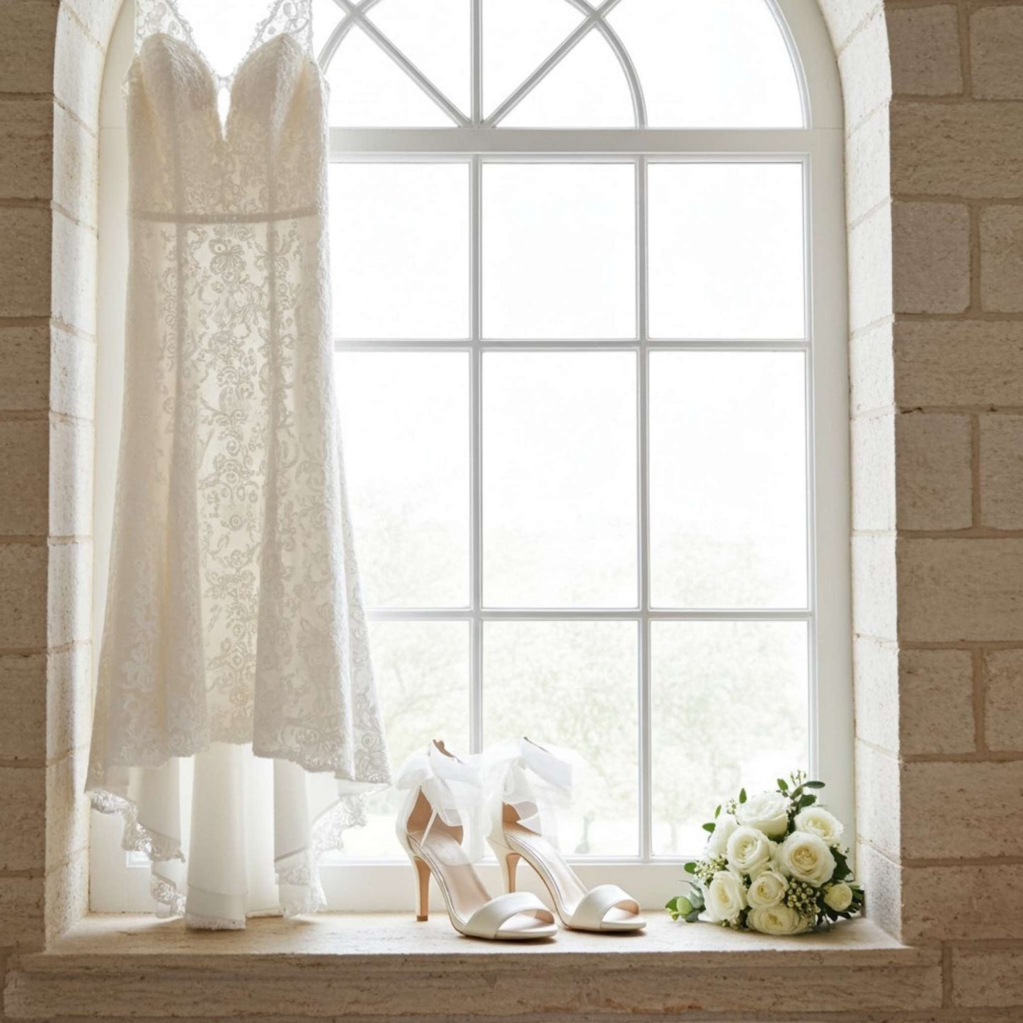White wedding dress, bridal shoes, and bouquet on a windowsill with natural light.