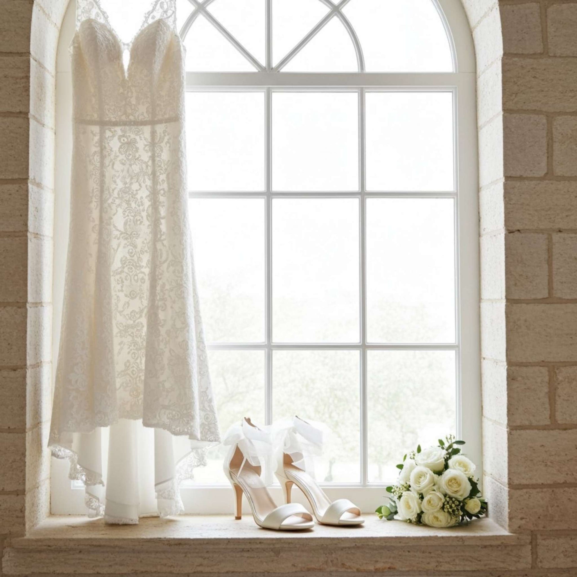 White wedding dress, bridal shoes, and bouquet on a windowsill with natural light.