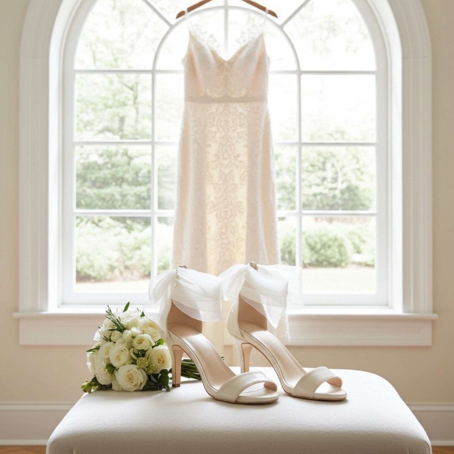 Lace wedding dress hanging in a window with organza wedding shoes and flowers on a stool.