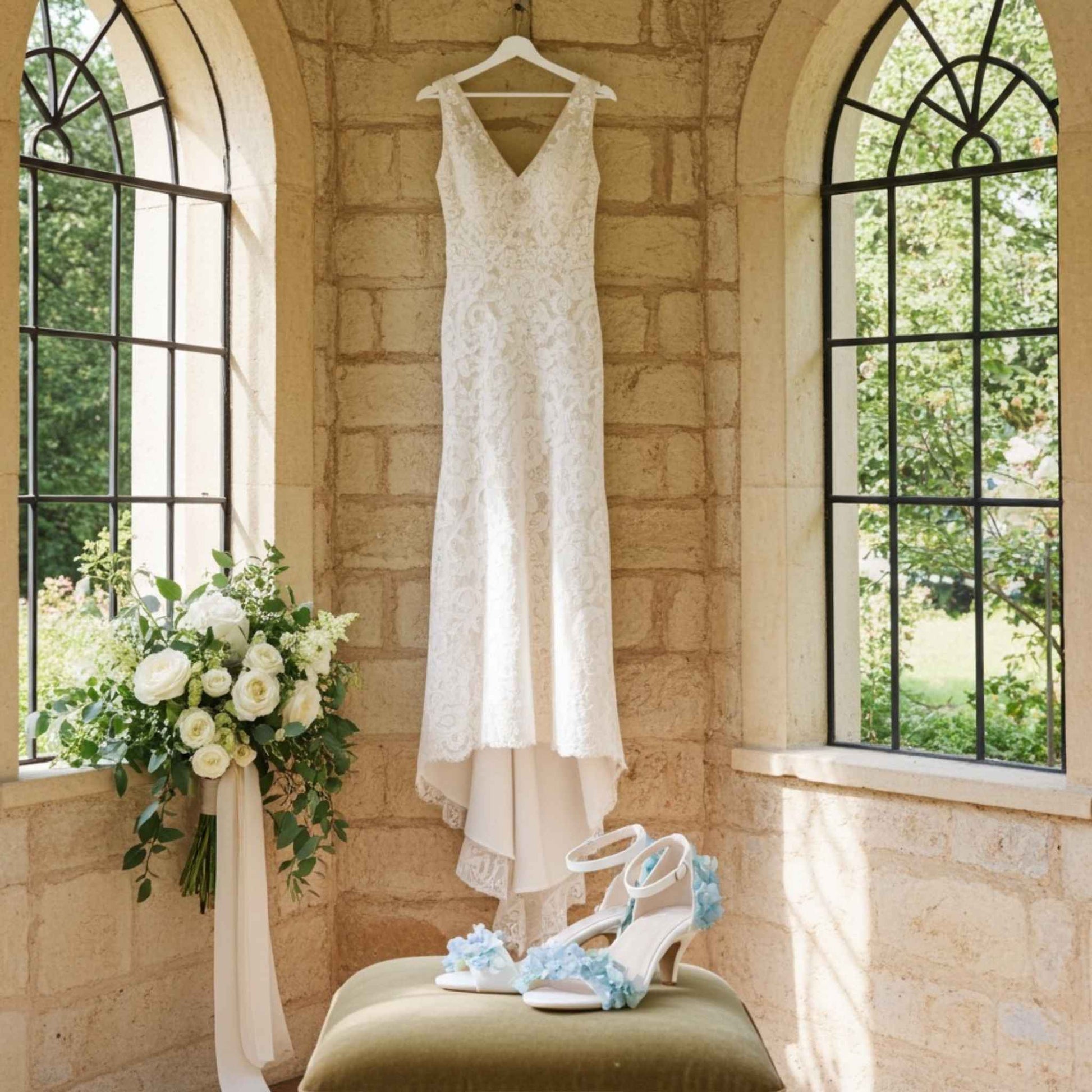 White wedding dress hanging on a brick wall with a bouquet and pretty bridal shoes below.