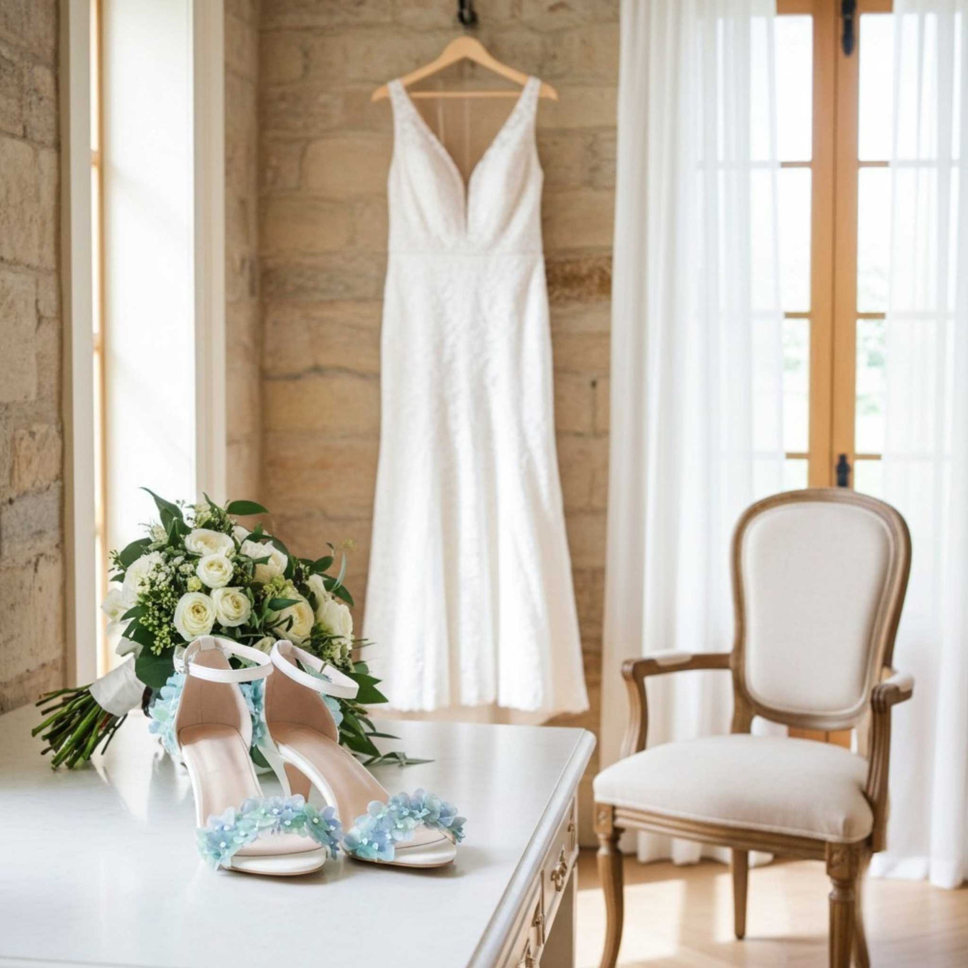 Ivory wedding dress hanging on a wooden wall with a table, bridal shoes, and flowers in the foreground.