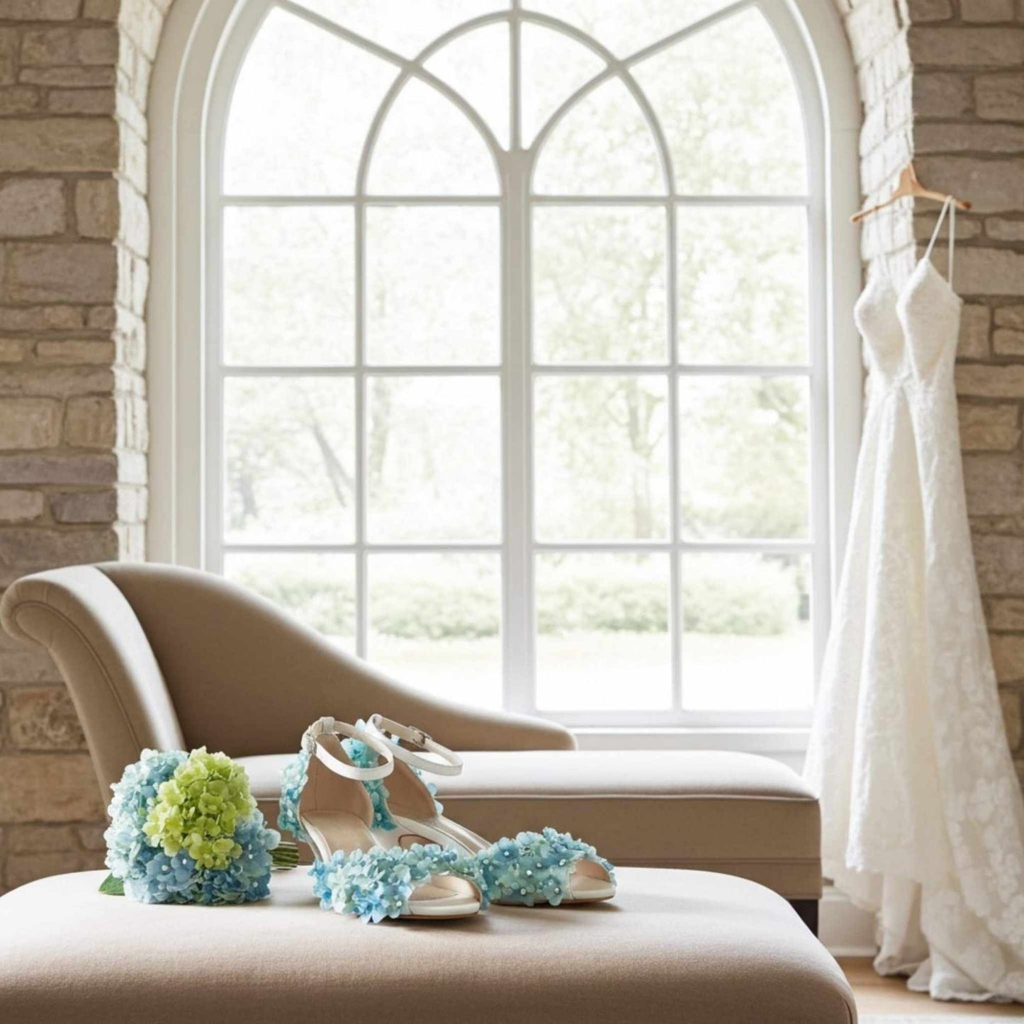 Blue wedding heels with flowers on a beige stool with bridal gown hung by a large window