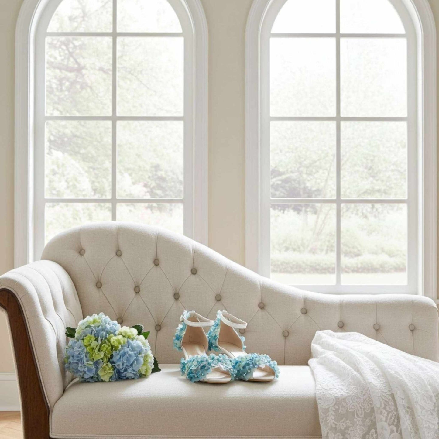 Blue flower wedding shoes on a chaise longue with a wedding veil