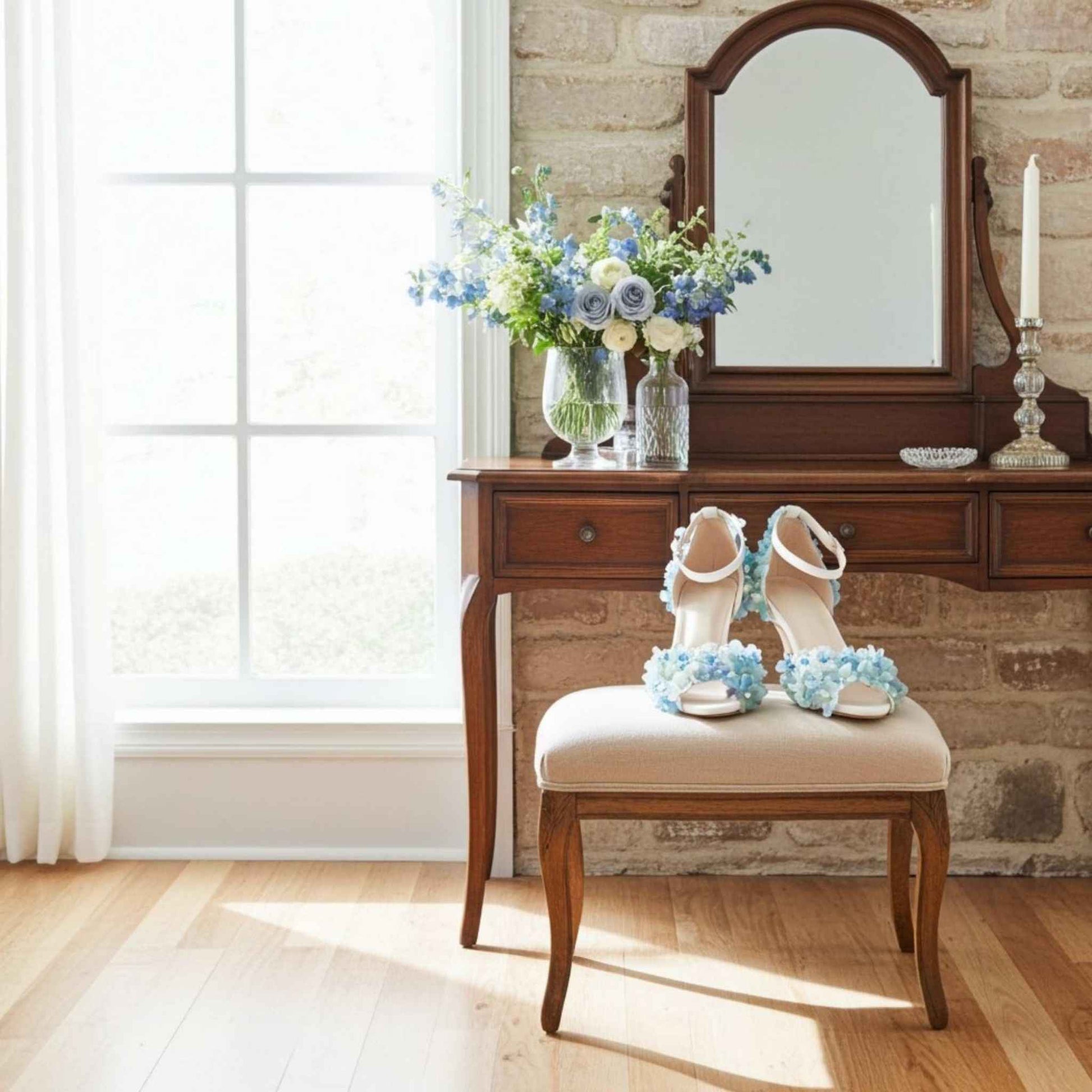 Front view of floral bridal shoes with kitten heels with an ornate dressing table behind and flowers in vase.