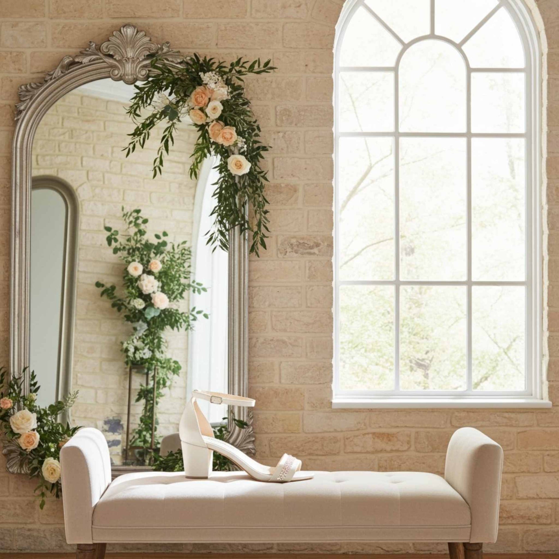 Decorative room with a mirror, flowers, and a pretty fabric stool with single bridal shoe against a brick wall.