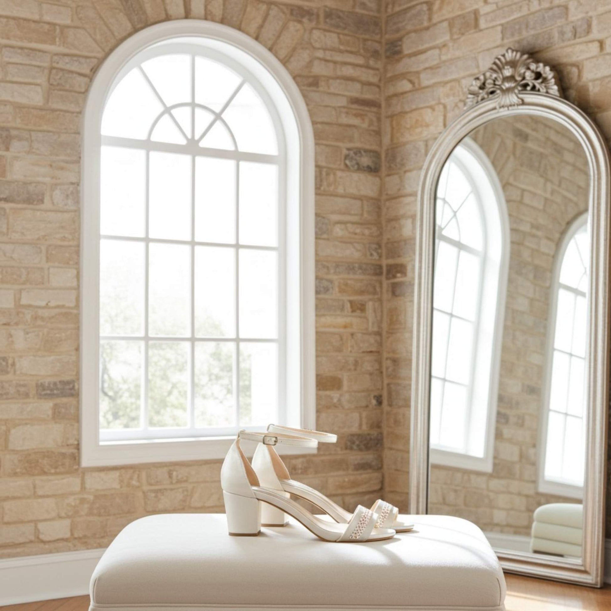 Ivory mid-heeled shoes on a white stool in front of a large mirror and window with stone walls.