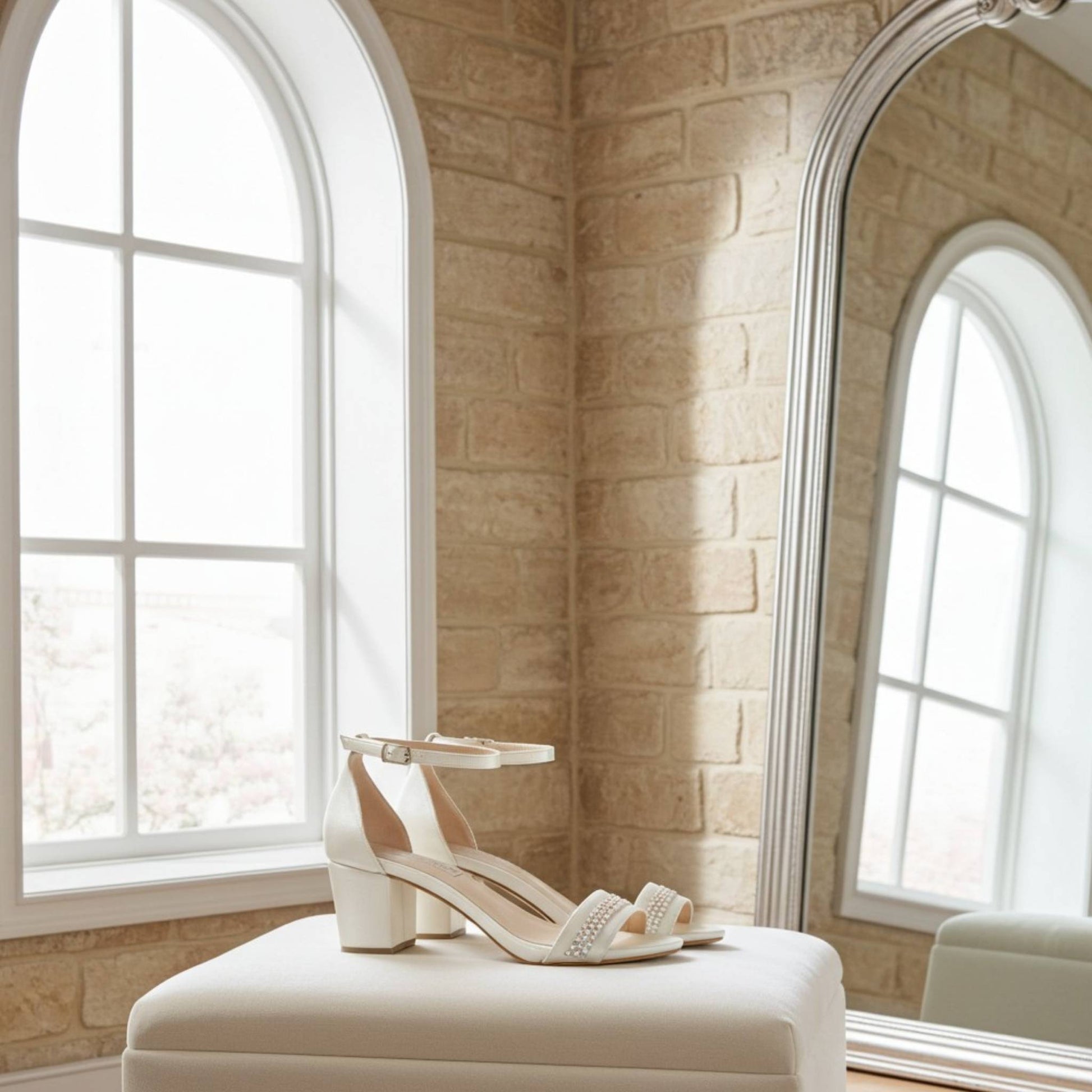 Ivory high-heeled sandals on a white stool in a room with stone walls and large windows.