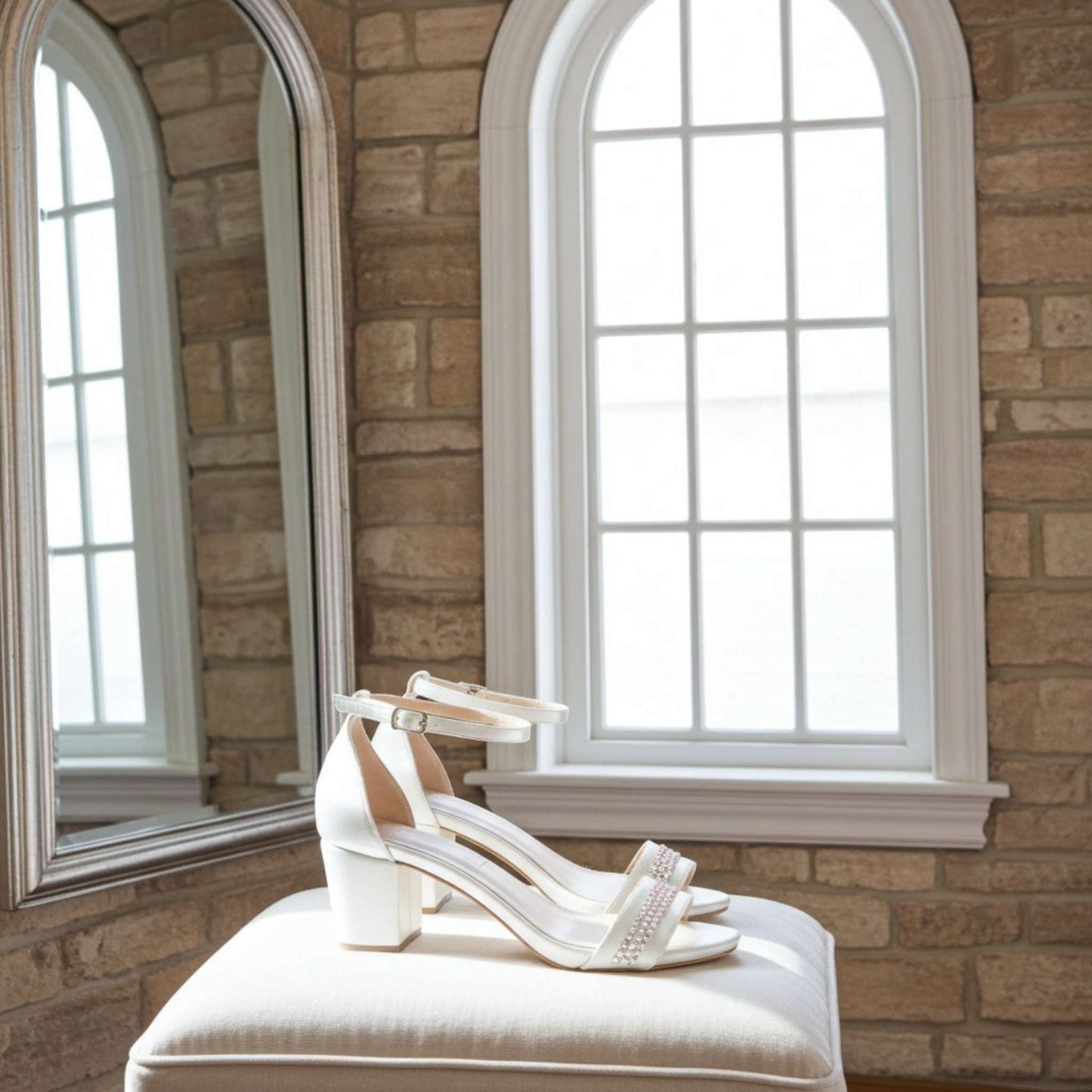 Ivory mid-heeled shoes with embellishments on a white cushion in front of a mirror and window.
