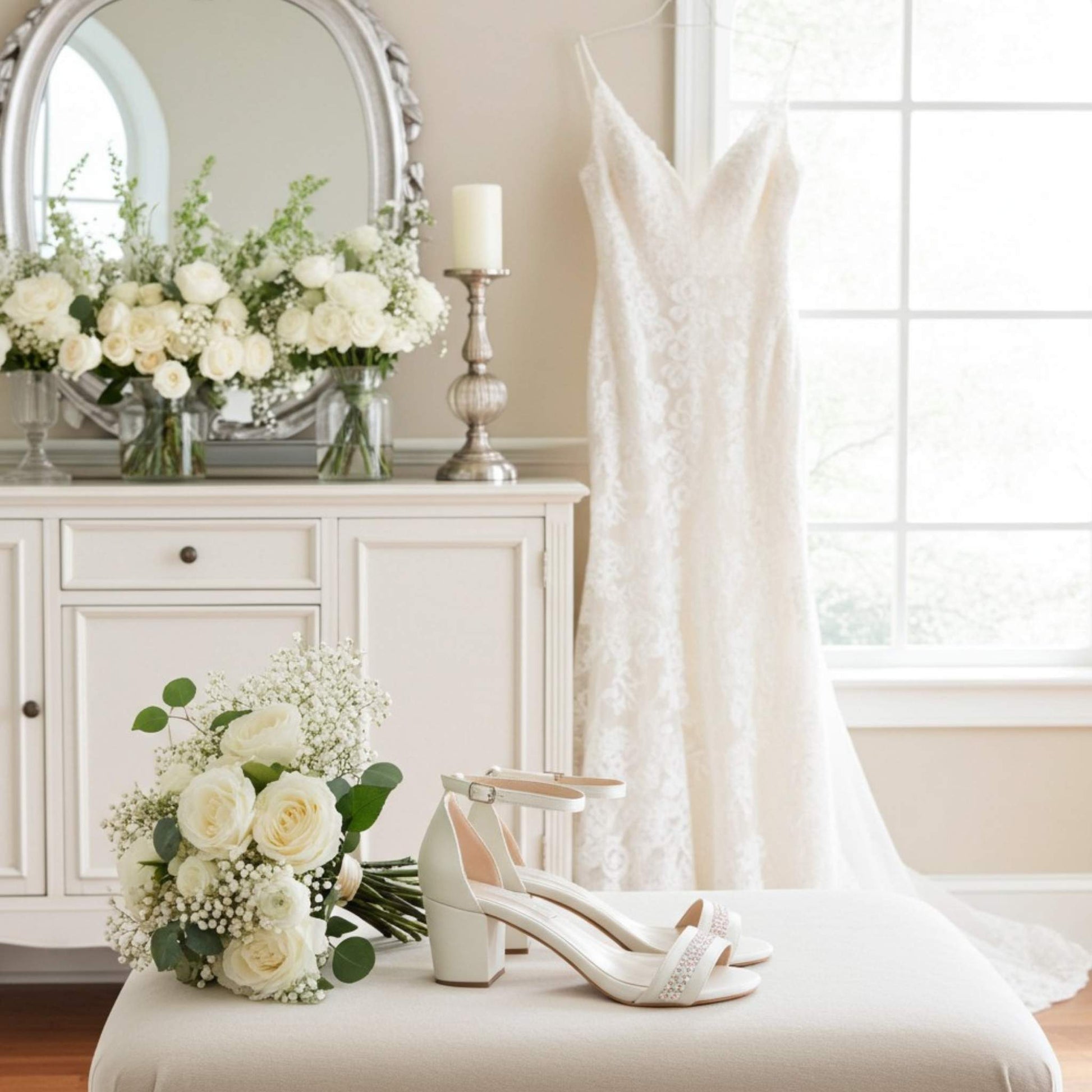 White wedding dress, bridal shoes with crystals and bouquet on a white surface with a neutral background