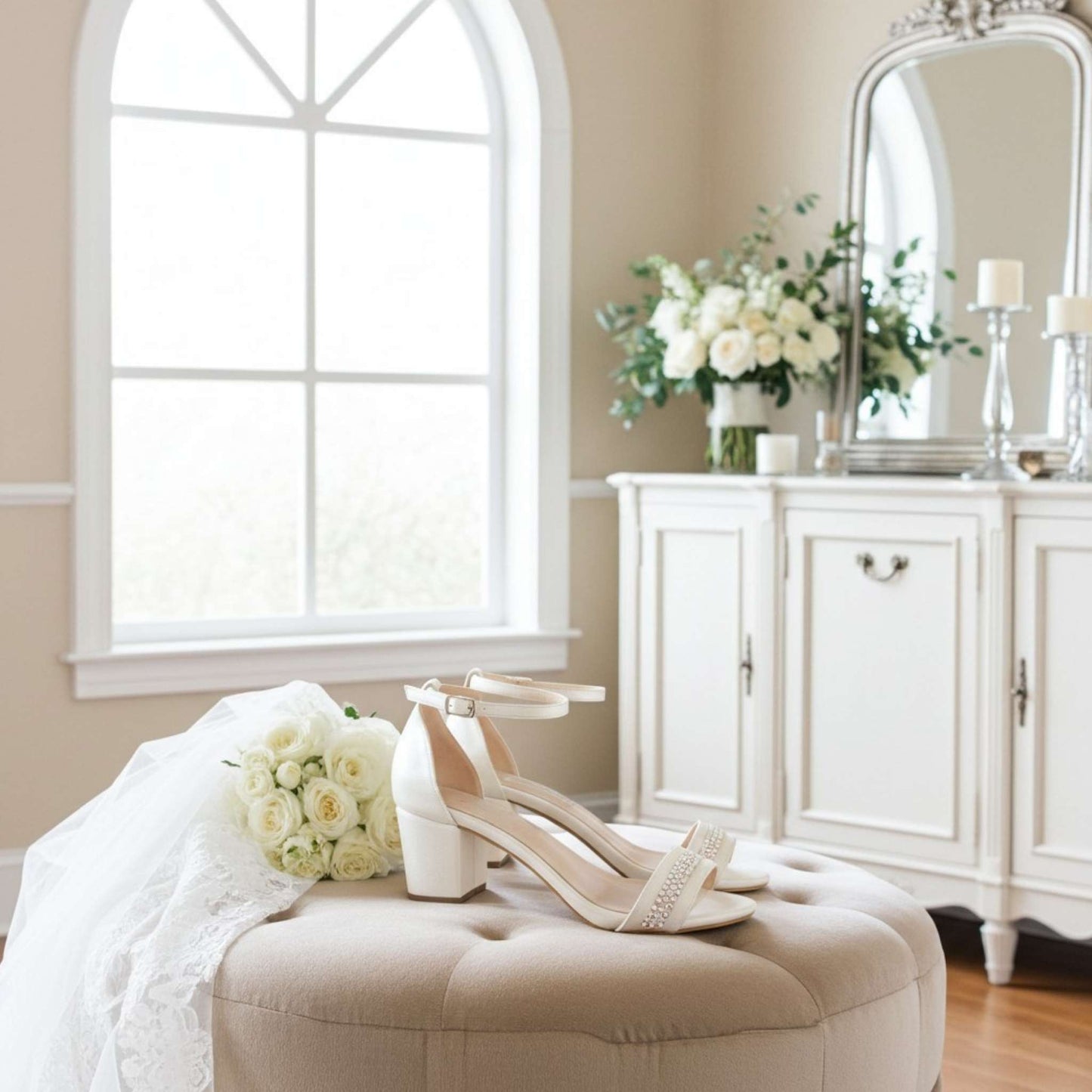 Ivory mid-heeled shoes on a beige ottoman with flowers and a mirror in the background.