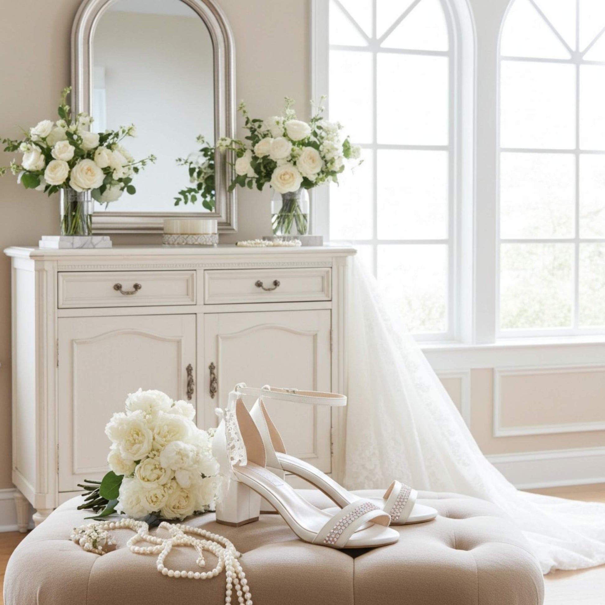 Bridal shoes with a veil and flowers on a dresser in a bright room.