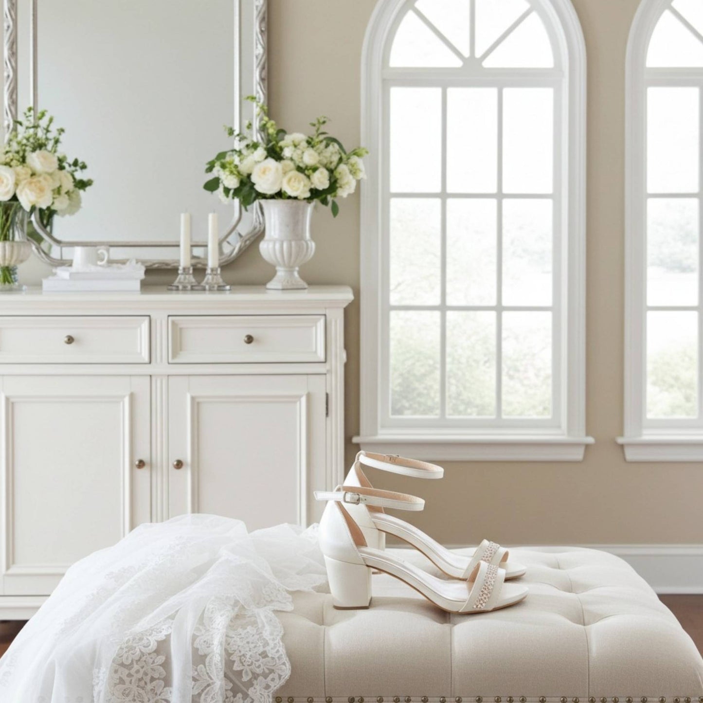 Ivory ankle strap bridal sandals on a cushioned ottoman in a stylish room with a dresser and flowers.
