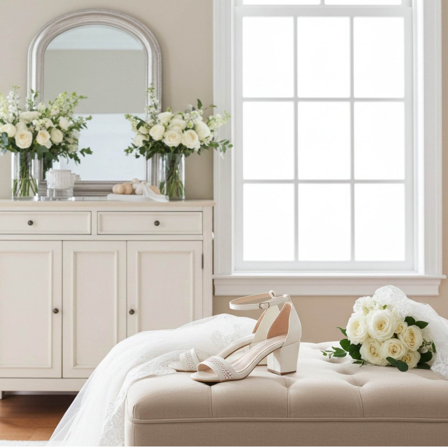 Neatly arranged room with a dresser, mirror, bridal flowers and shoes on a stool.