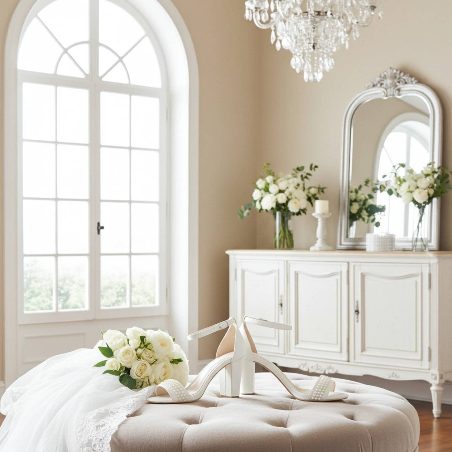 Neatly decorated room with white furniture, flowers, and a chandelier. Pretty pearl block heels are on a beige ottoman.