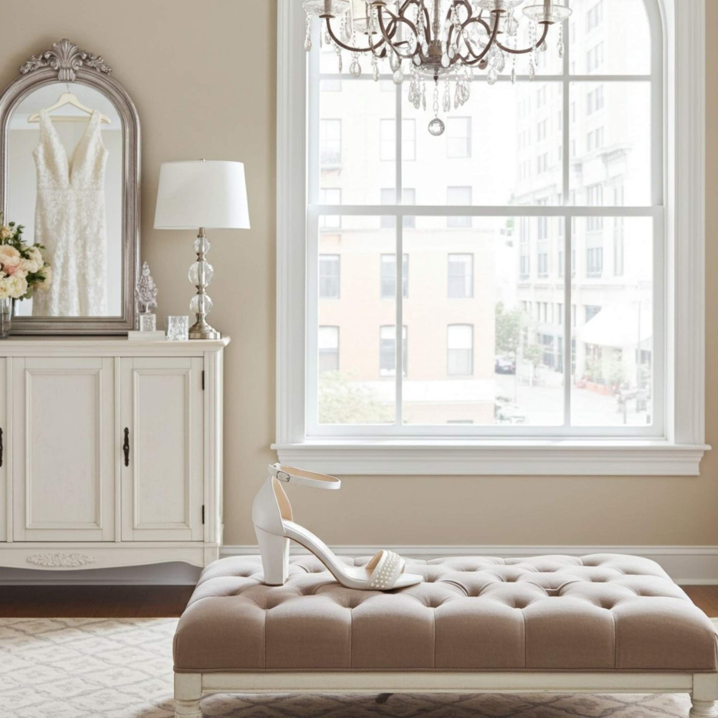 Luxurious room with a bridal shoe on a tufted ottoman, mirror, and lamp.