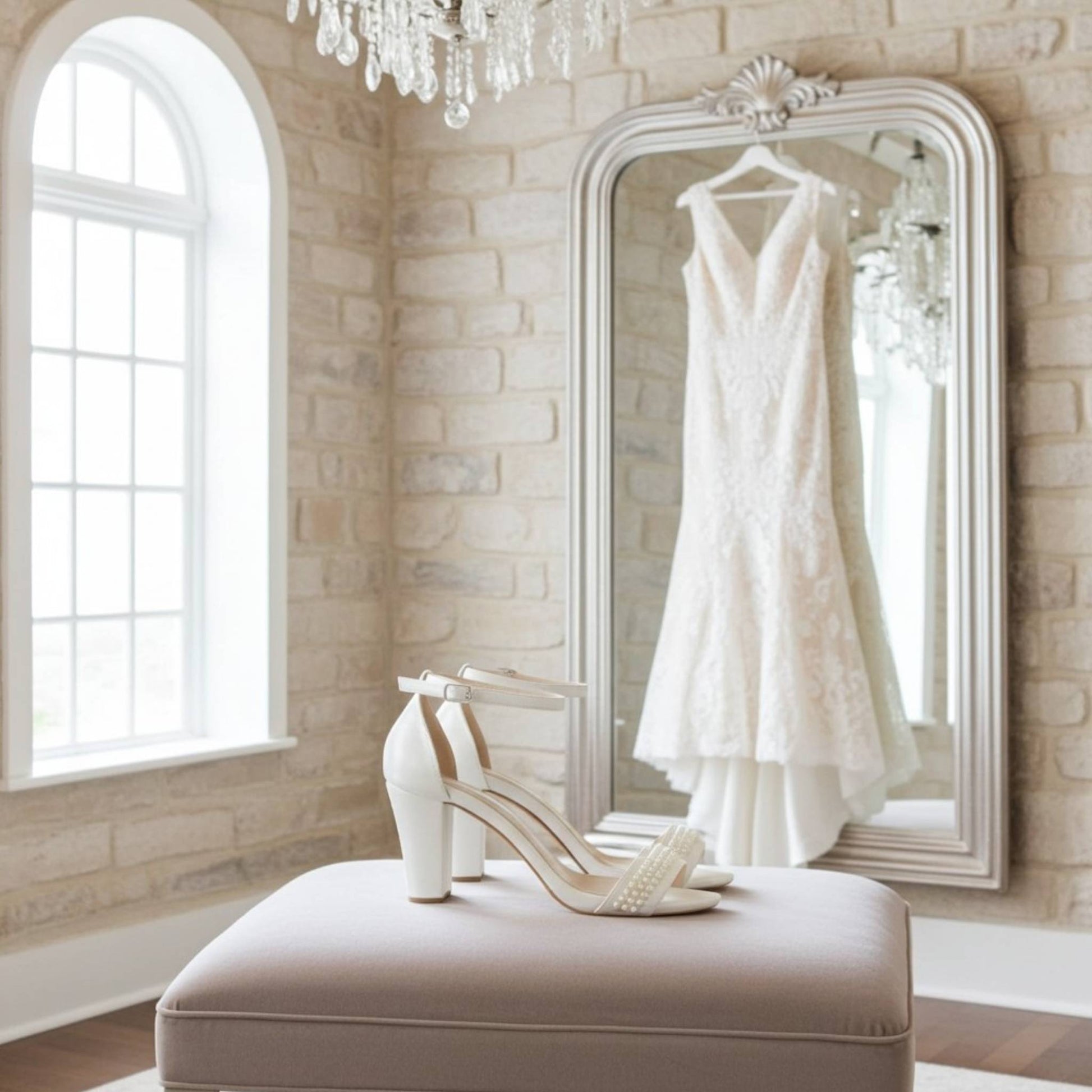 Ivory wedding dress hanging on a mirror in a room with a chandelier and ivory shoes on an ottoman.