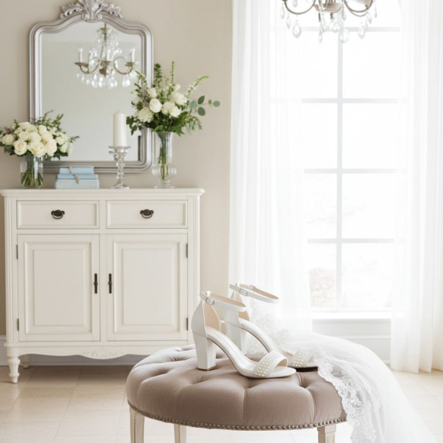 Pearl ivory bridal shoes on a round stool in a stylish room with a mirror, flowers, and furniture.