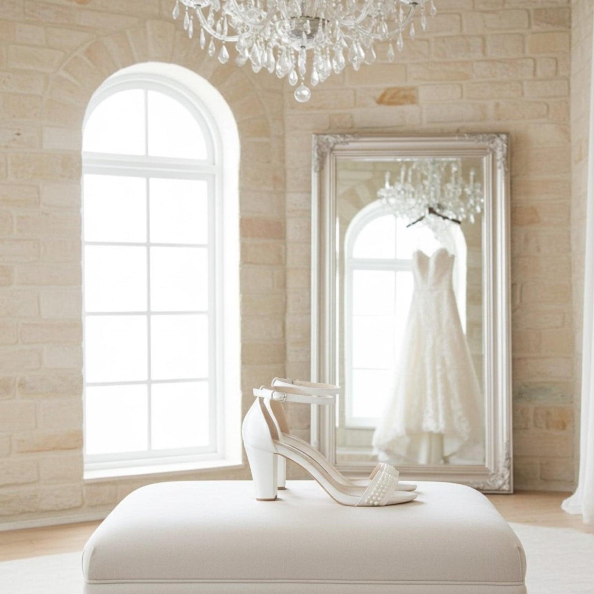 Ivory wedding dress hanging in a mirror with ivory bridal shoes beside it in a bright room.