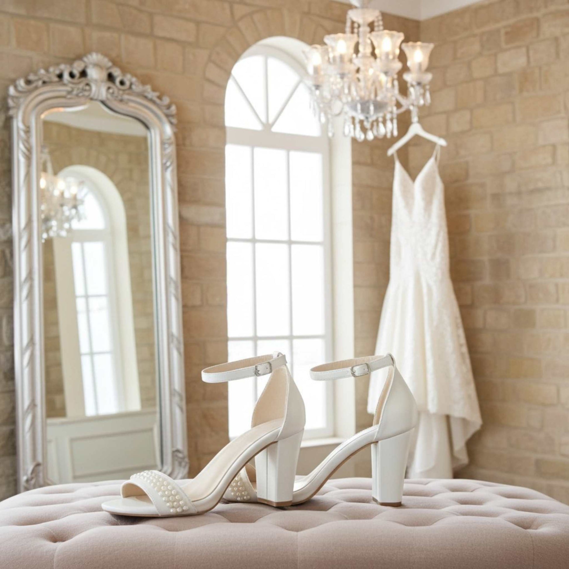 Ivory high-heeled shoes on a stool with a wedding dress and chandelier in the background.