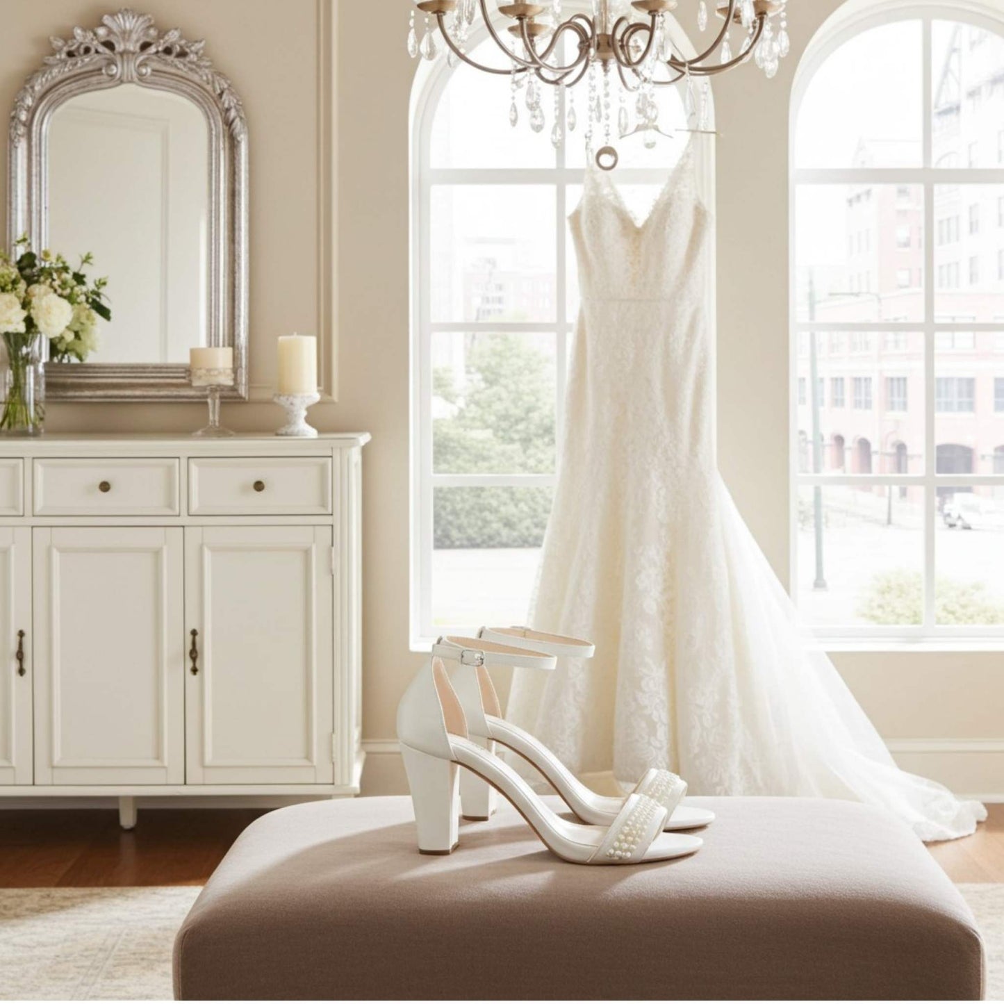 White wedding dress hanging in a room with a mirror, dresser, and bridal shoes on a stool.