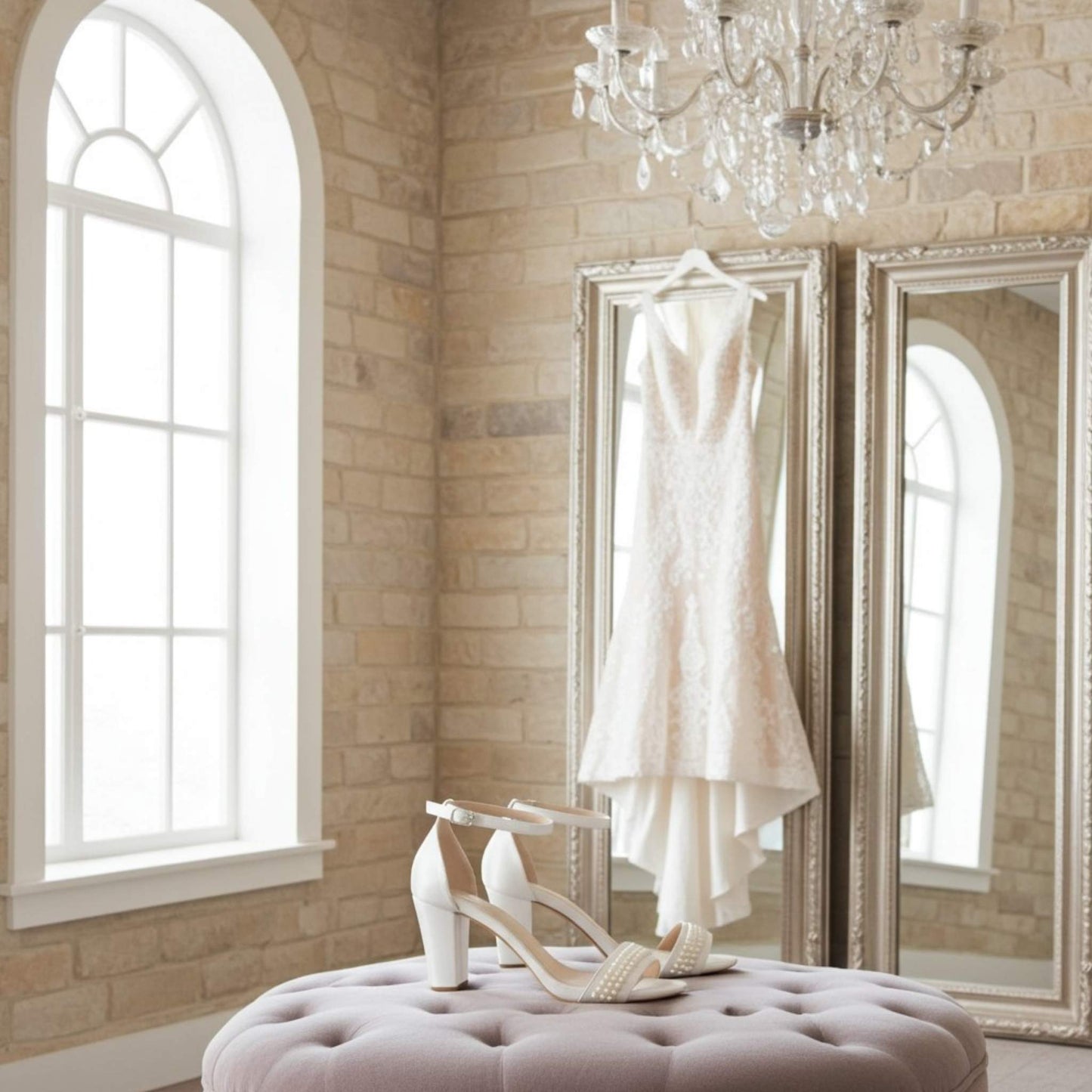 White wedding dress hanging on a mirror in a room with large windows and a chandelier. pretty pearl bridal heels are on a stool.