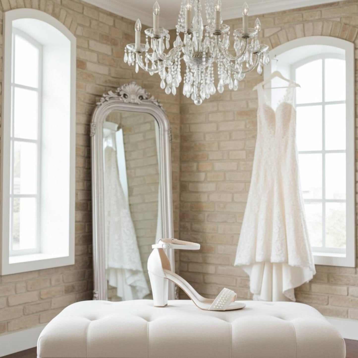 White wedding dress hanging on a rack in a room with a chandelier and large mirror. A single block heel bridal shoe is on a stool.